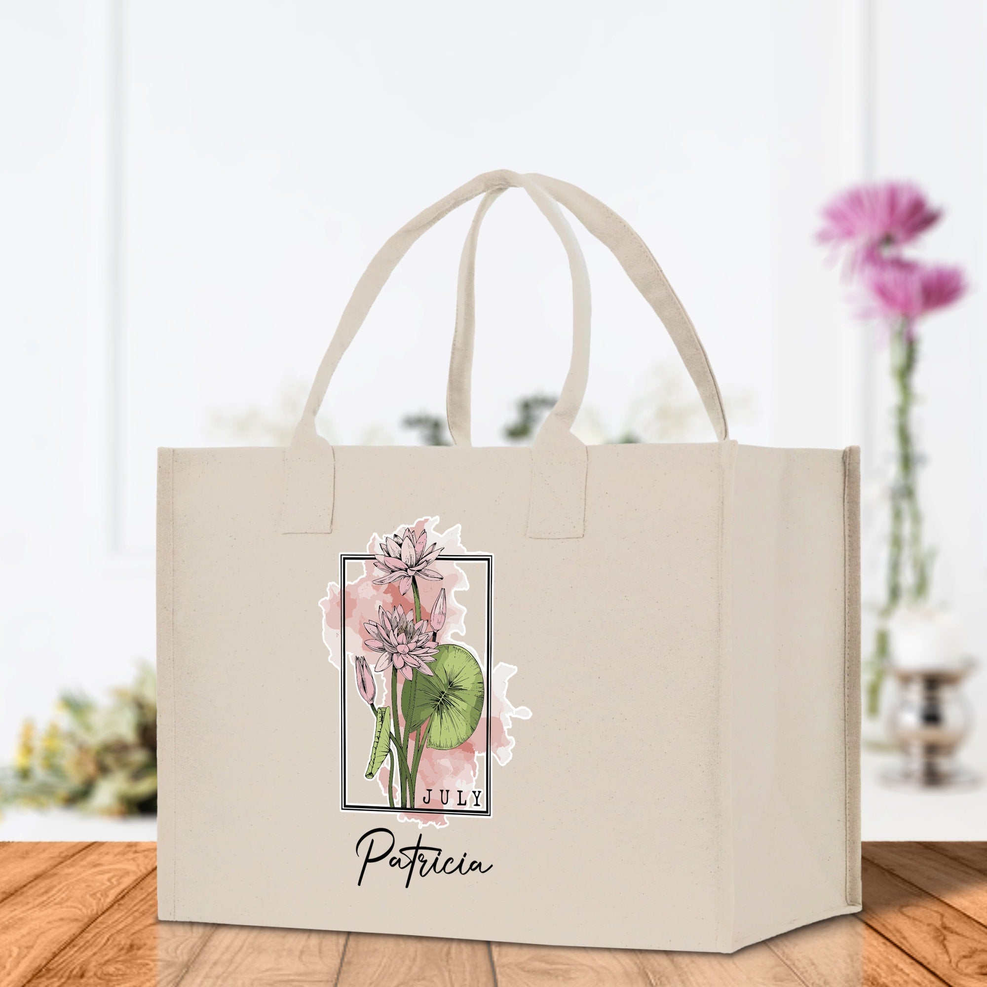 July Birth Month Flower Personalized Name Cotton Canvas Tote Bag Custom Flower Birthday Gift Bag Wedding Gift for Her Bridal Bridesmaid - Aaria Tees Aaria Tees