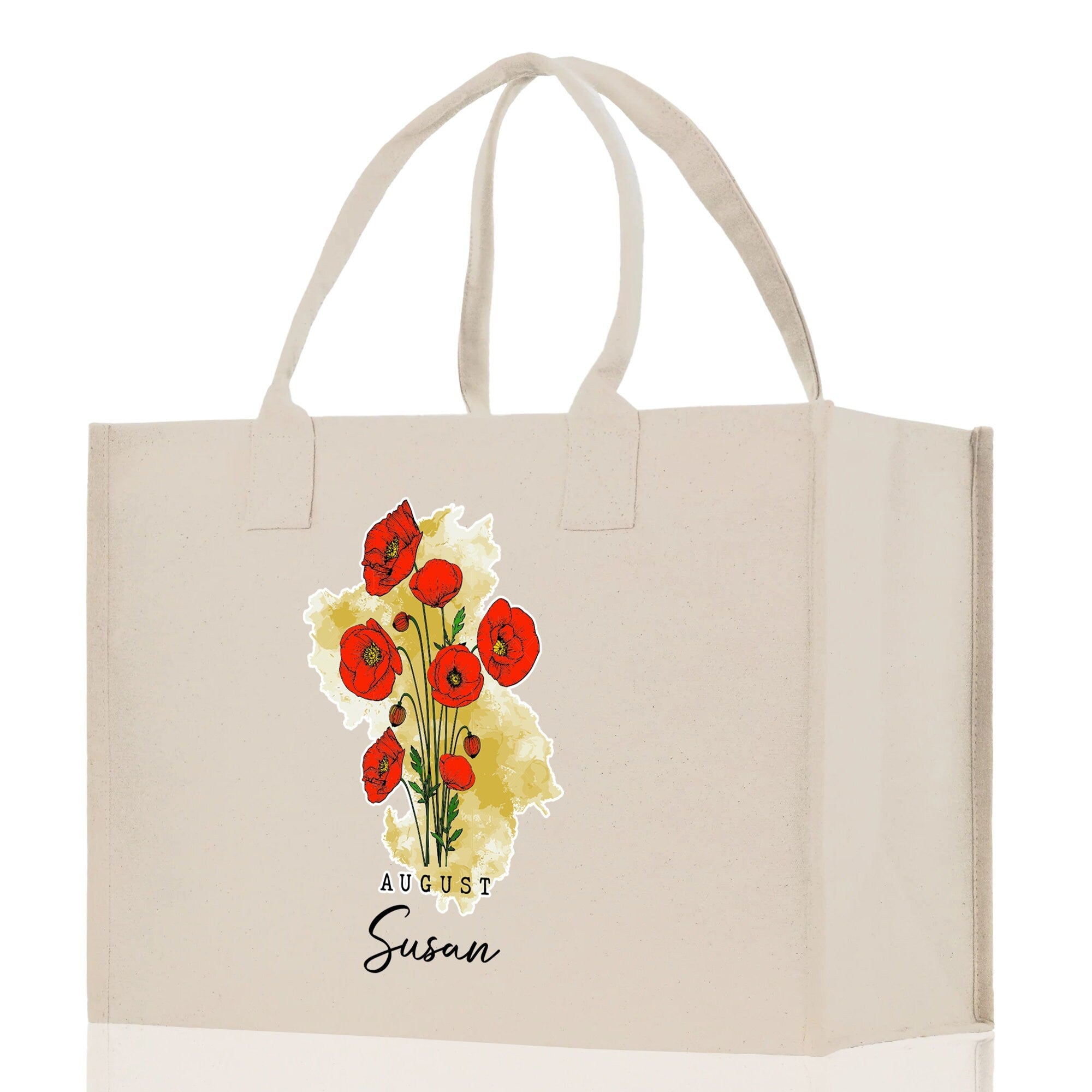 August Birth Month Flower Personalized Name Cotton Canvas Tote Bag Custom Flower Birthday Gift Bag Wedding Gift for Her Bridal Bridesmaid - Aaria Tees Aaria Tees