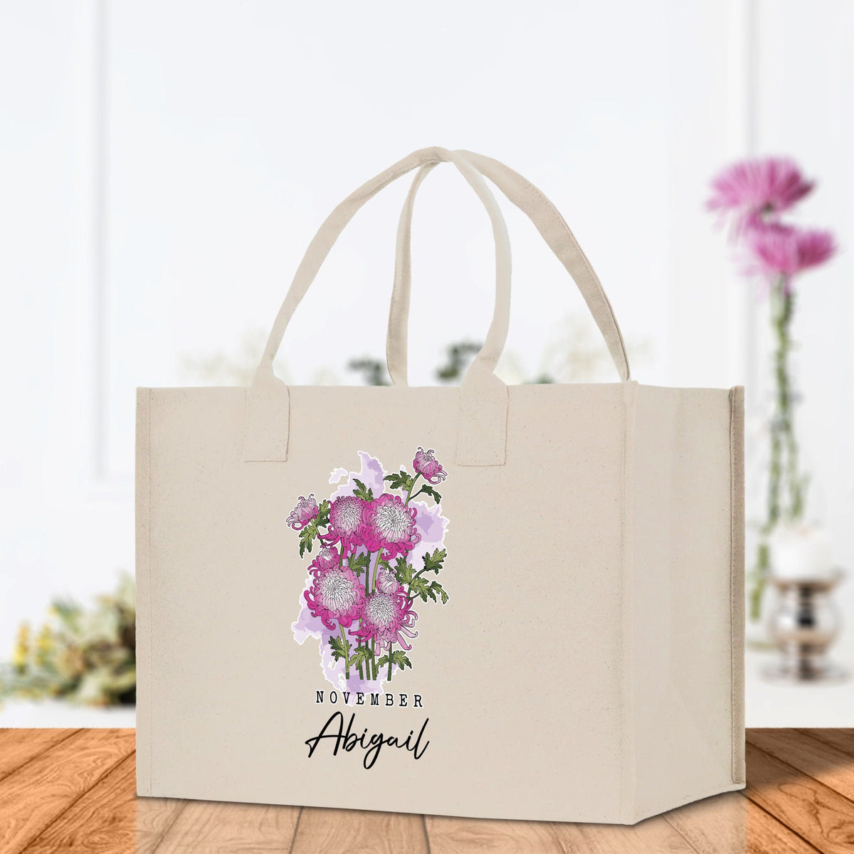 November Birth Month Flower Personalized Name Cotton Canvas Tote Bag Custom Flower Birthday Gift Bag Wedding Gift for Her Bridal Bridesmaid - Aaria Tees