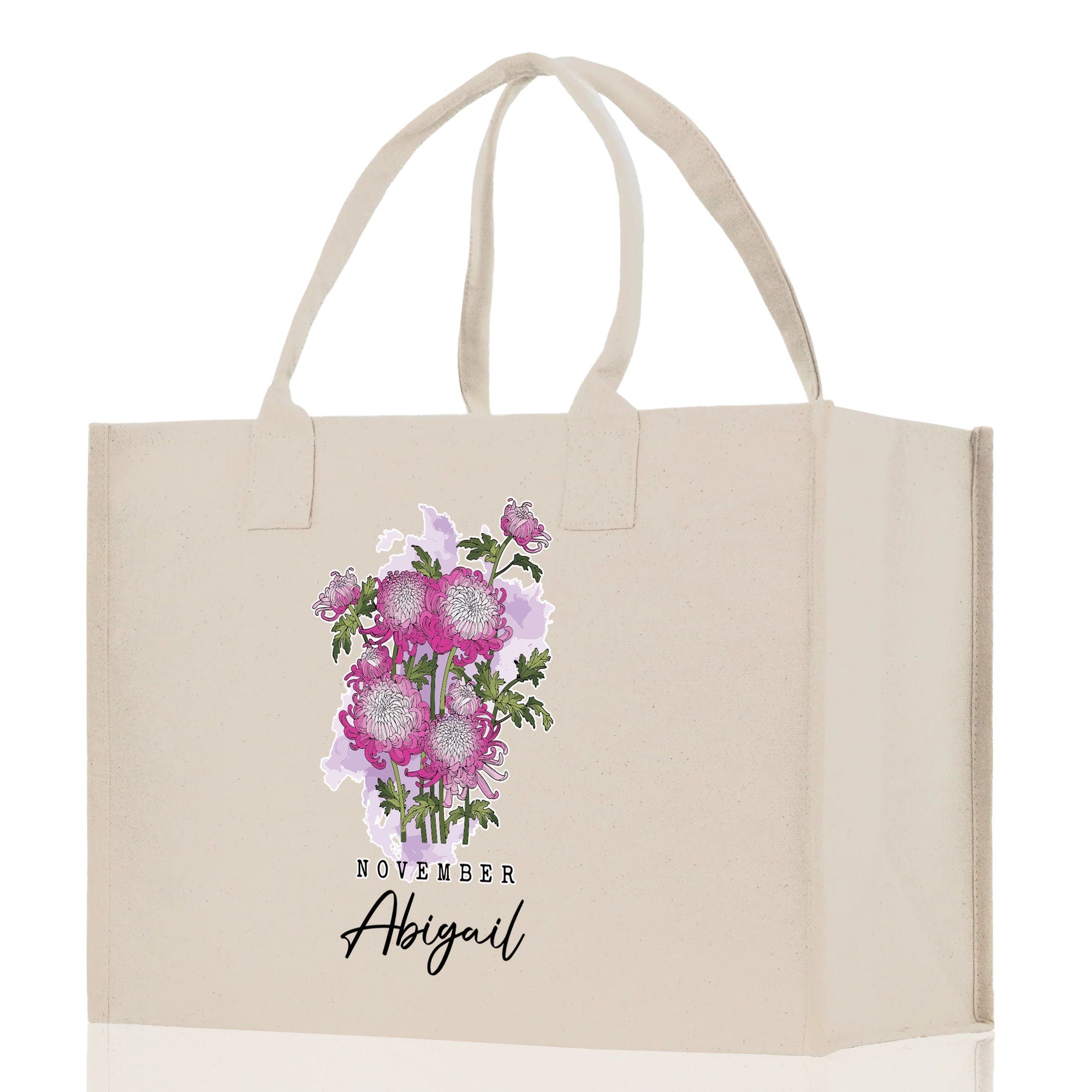 November Birth Month Flower Personalized Name Cotton Canvas Tote Bag Custom Flower Birthday Gift Bag Wedding Gift for Her Bridal Bridesmaid - Aaria Tees Aaria Tees