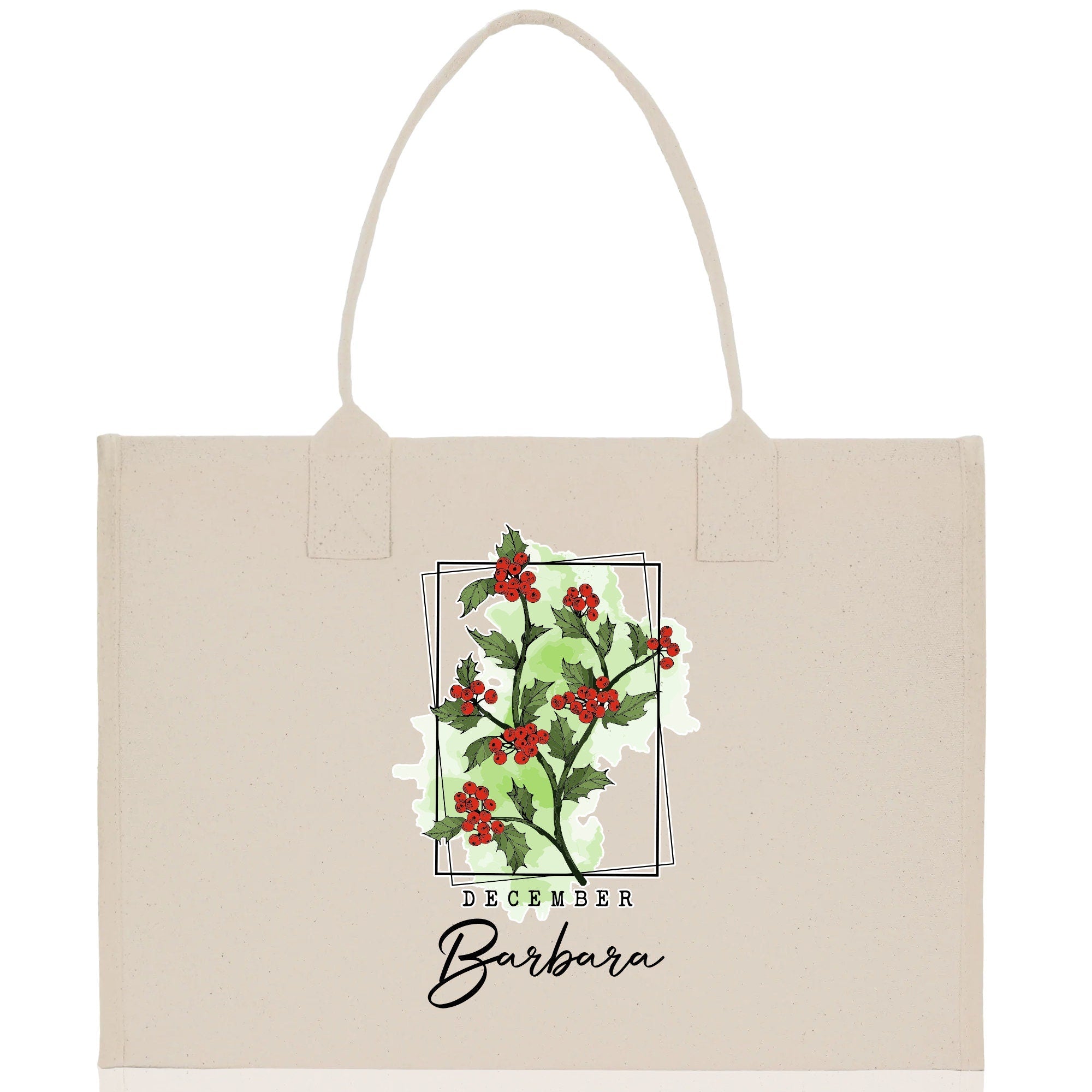 December Birth Month Flower Personalized Name Cotton Canvas Tote Bag Custom Flower Birthday Gift Bag Wedding Gift for Her Bridal Bridesmaid - Aaria Tees Aaria Tees