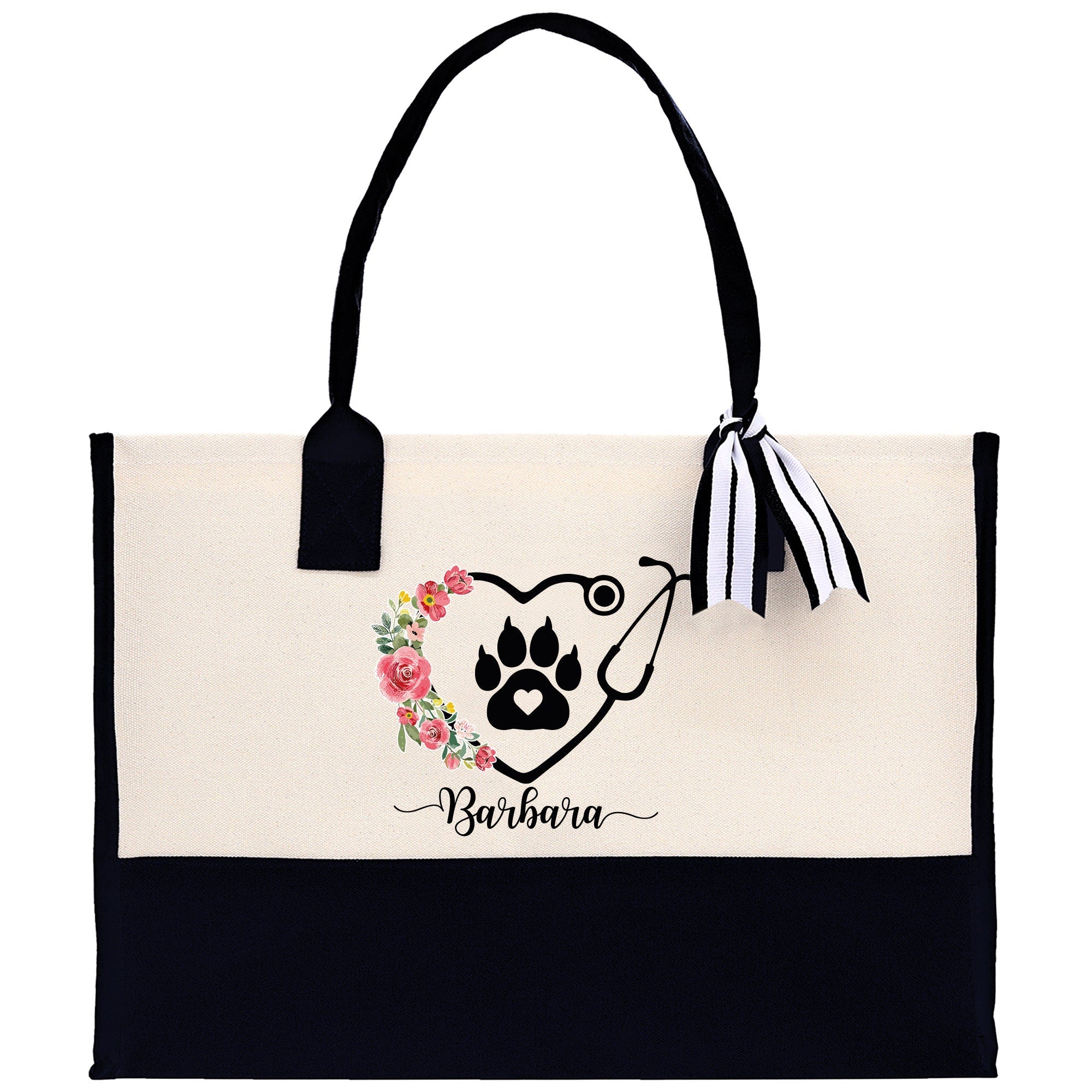 Floral Stethoscope Nurse Tote Custom Name Personalized Cotton Canvas Tote Bag Nurse Gift Future Nurse Gift Nursing Student Graduation Gift - Aaria Tees Aaria Tees