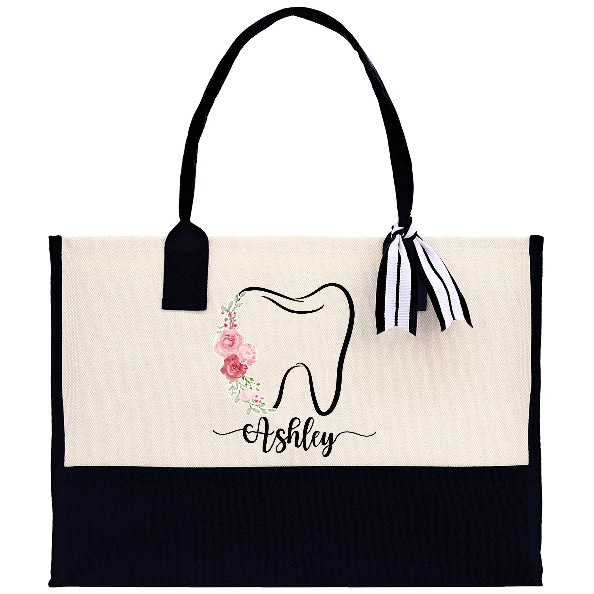 Floral Teeth Nurse Tote Custom Name Personalized Cotton Canvas Tote Bag Nurse Gift Future Nurse Gift Nursing Student Graduation Gift - Aaria Tees Aaria Tees