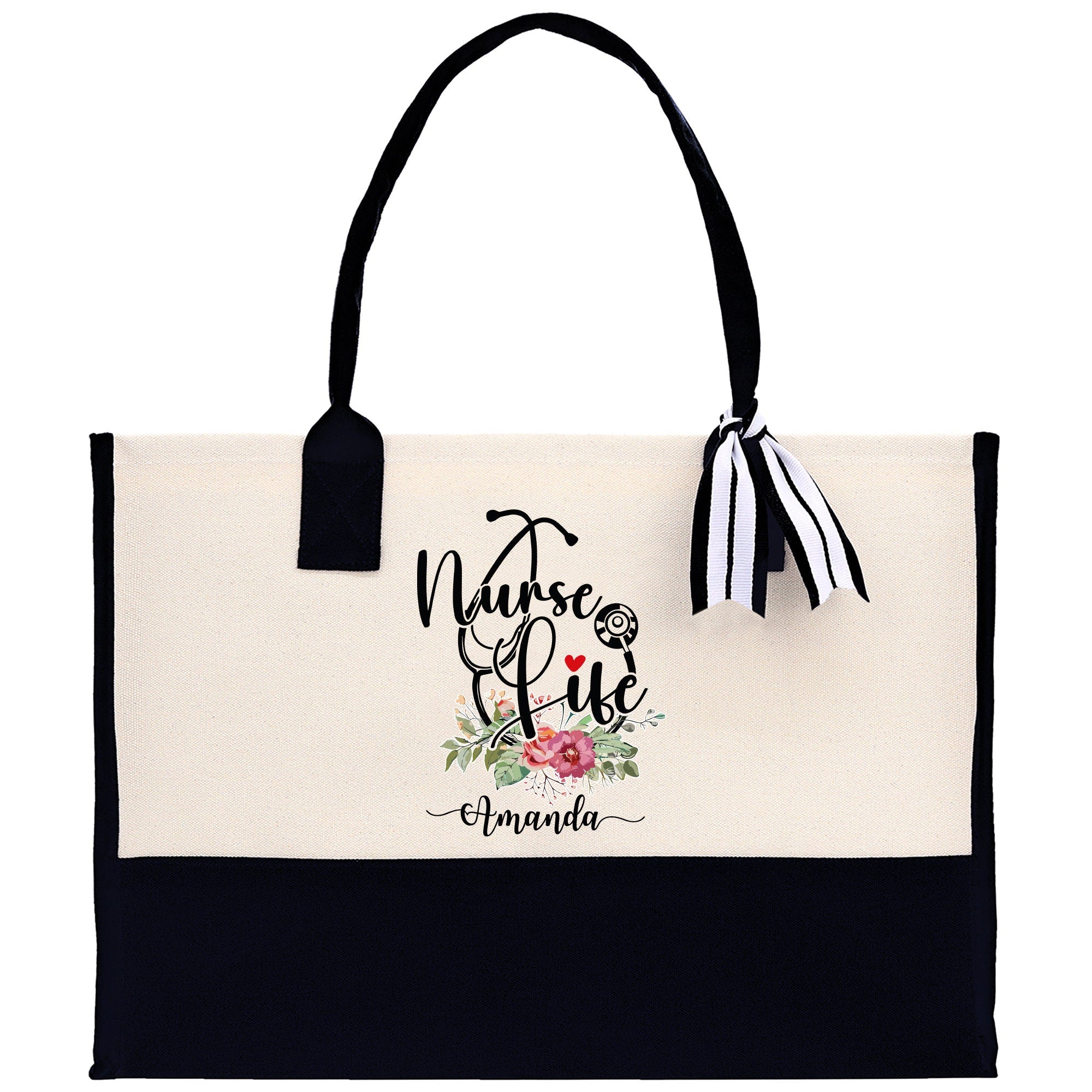 Nurse Life Floral Tote Custom Name Personalized Cotton Canvas Tote Bag Nurse Gift Future Nurse Gift Nursing Student Graduation Gift - Aaria Tees Aaria Tees
