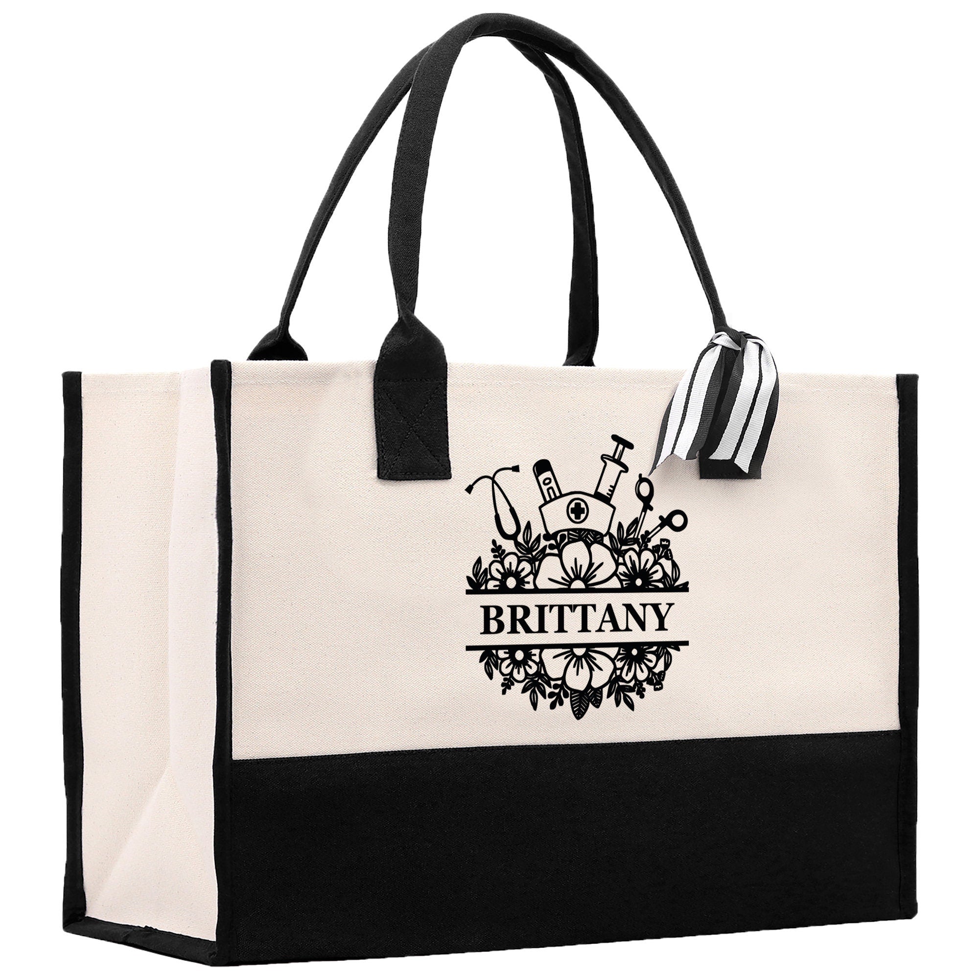 Nurse Stuff Floral Tote Custom Name Personalized Cotton Canvas Tote Bag Nurse Gift Future Nurse Gift Nursing Student Graduation Gift - Aaria Tees Aaria Tees