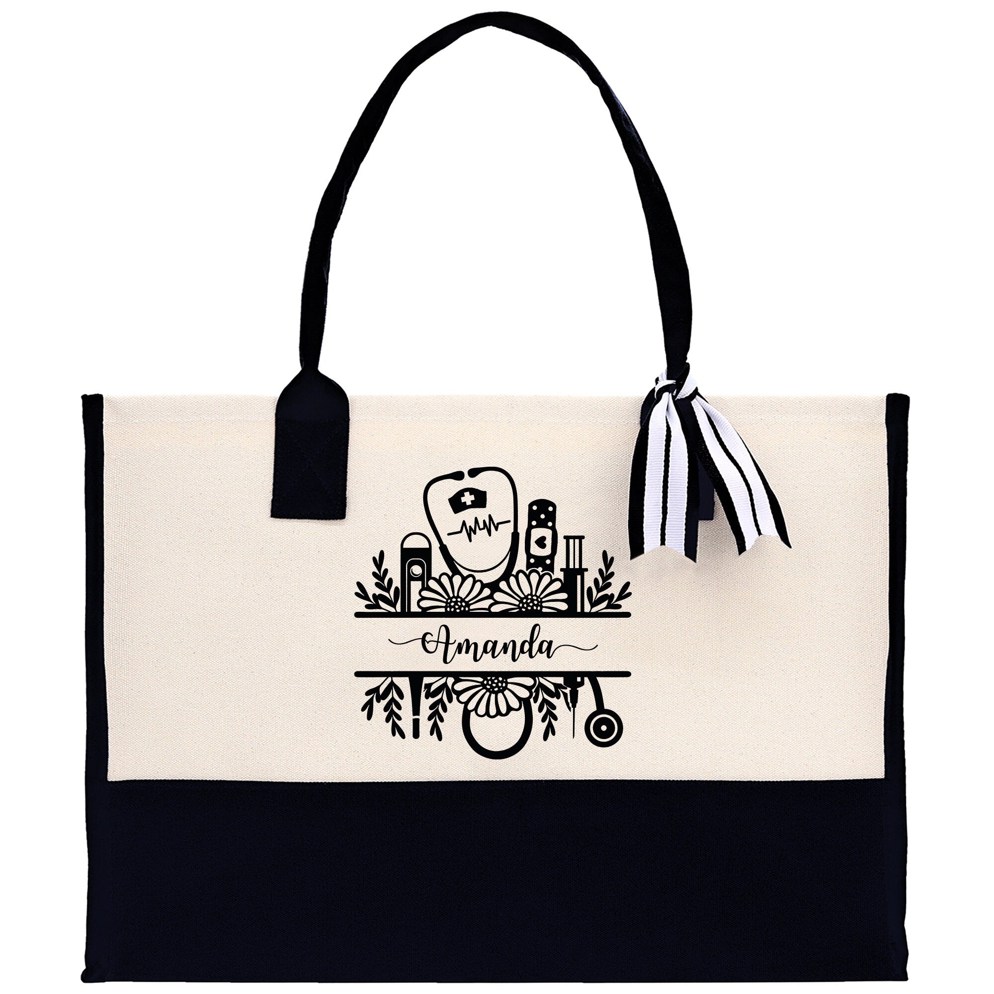 Nurse Stuff Floral Tote Custom Name Personalized Cotton Canvas Tote Bag Nurse Gift Future Nurse Gift Nursing Student Graduation Gift - Aaria Tees Aaria Tees