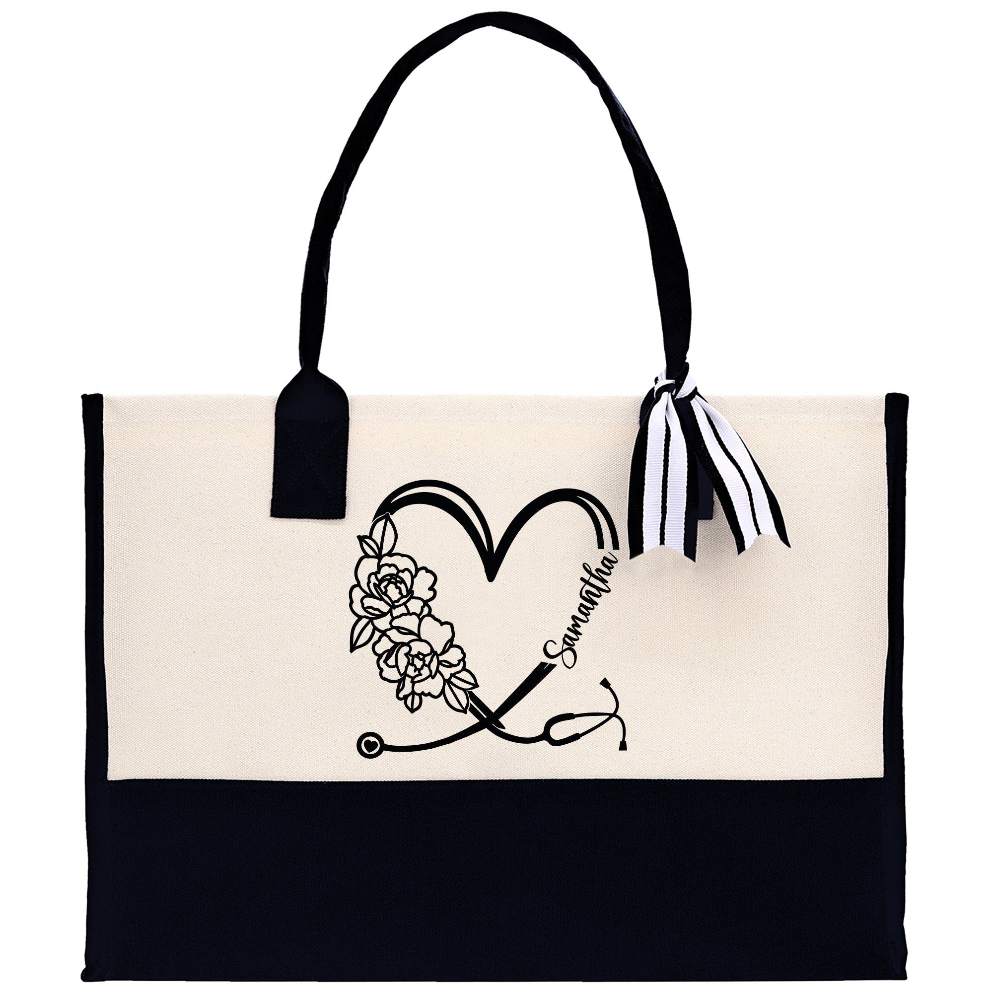 Nurse Stethoscope Floral Heart Tote Custom Name Personalized Cotton Canvas Tote Bag Nurse Gift Future Nursing Student Graduation Gift - Aaria Tees Aaria Tees