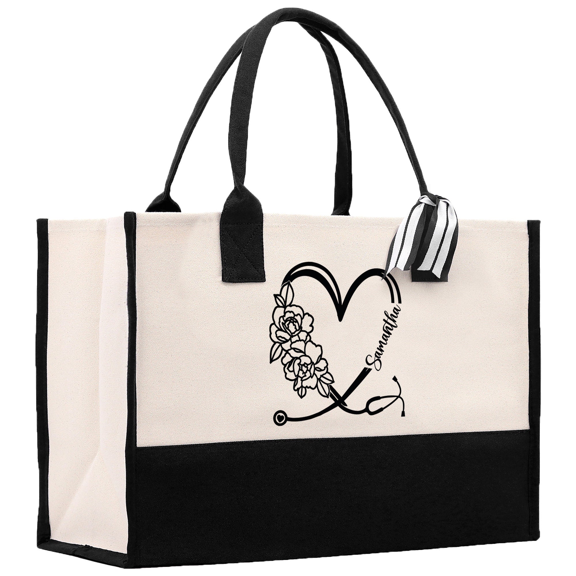Nurse Stethoscope Floral Heart Tote Custom Name Personalized Cotton Canvas Tote Bag Nurse Gift Future Nursing Student Graduation Gift - Aaria Tees Aaria Tees