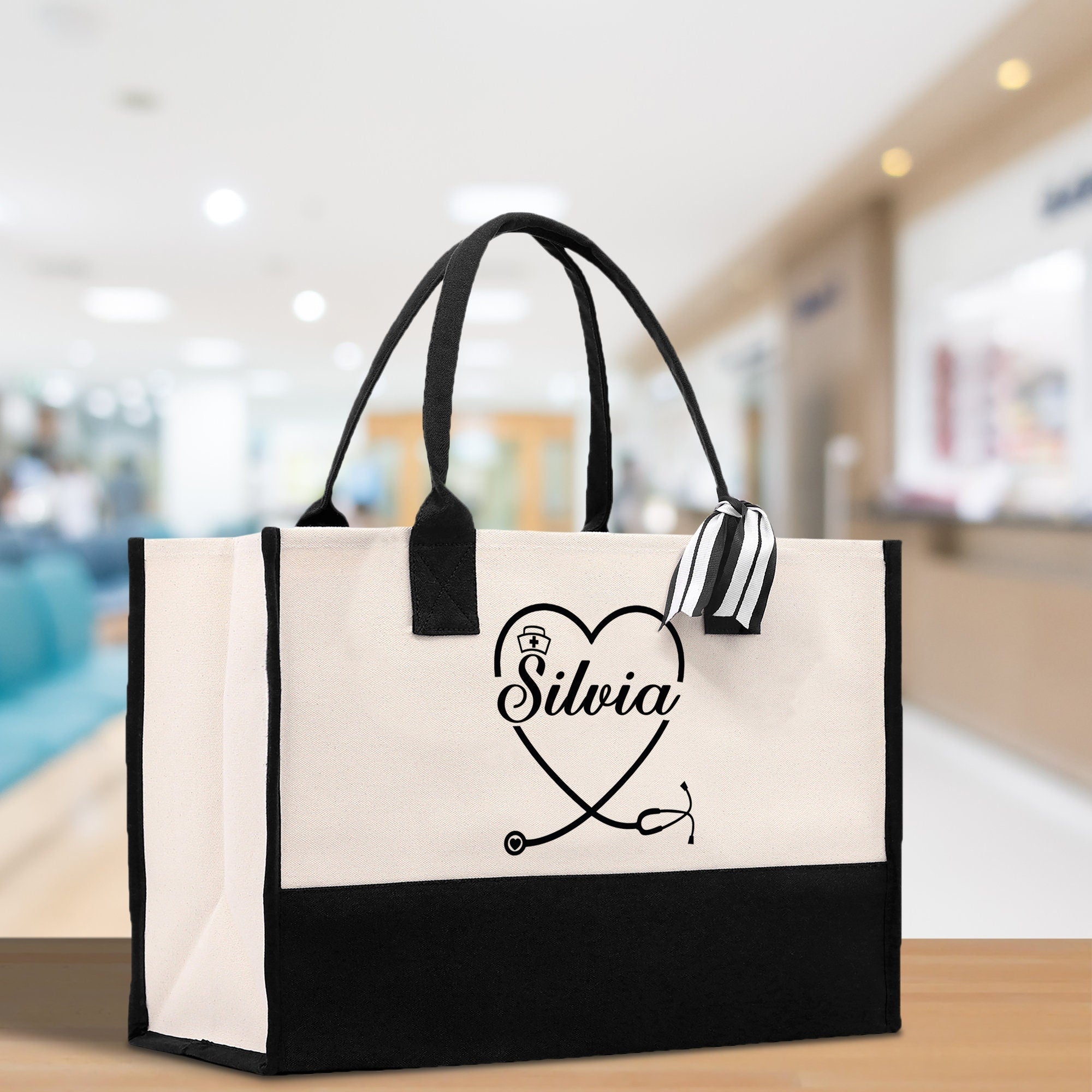 Nurse Stethoscope Heart Tote Custom Name Personalized Cotton Canvas Tote Bag Nurse Gift Future Nurse Gift Nursing Student Graduation Gift - Aaria Tees Aaria Tees