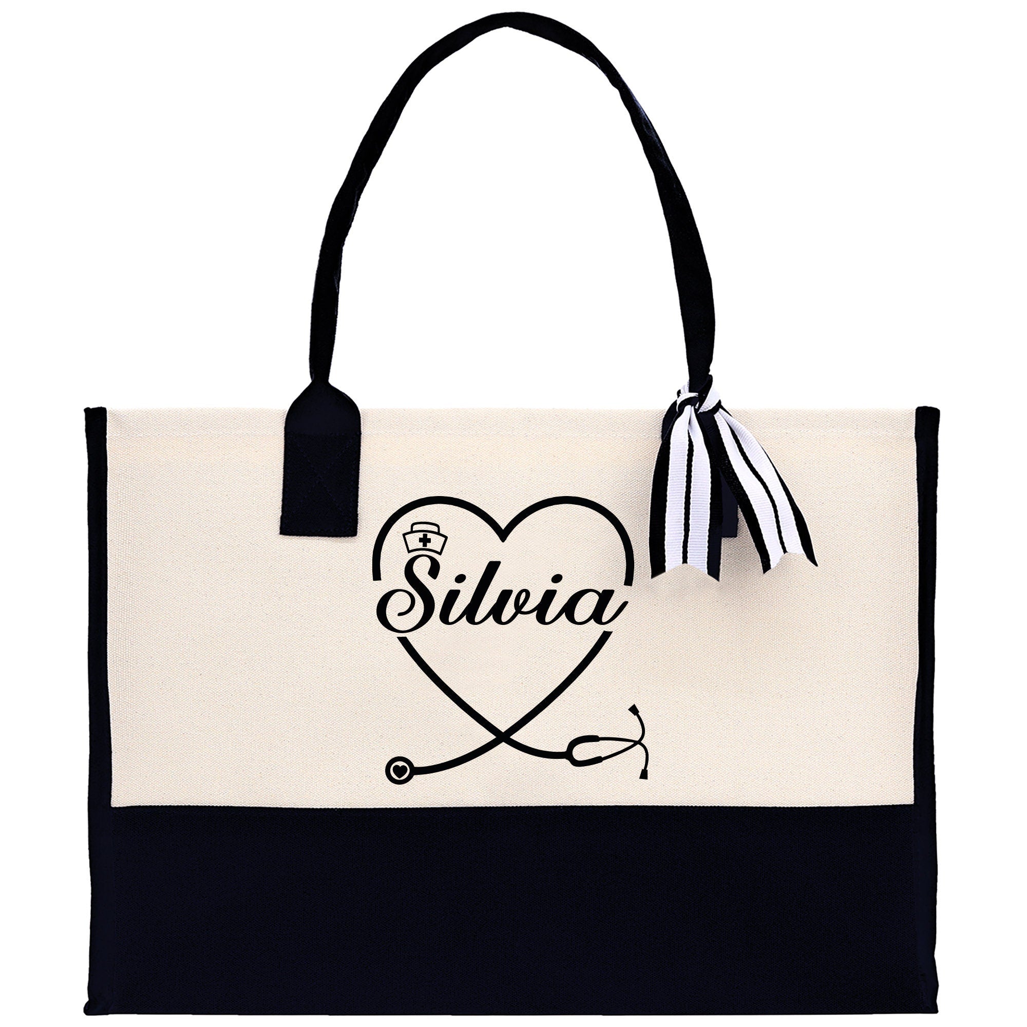 Nurse Stethoscope Heart Tote Custom Name Personalized Cotton Canvas Tote Bag Nurse Gift Future Nurse Gift Nursing Student Graduation Gift - Aaria Tees Aaria Tees