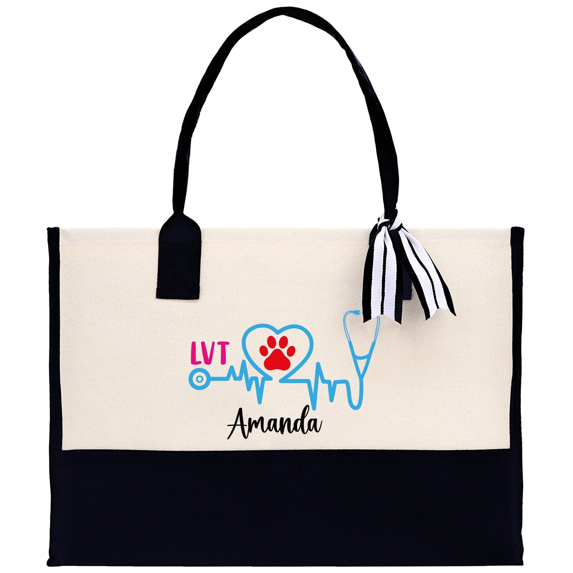 Nurse Stethoscope Heart LVT Tote Custom Name Personalized Cotton Canvas Tote Bag Nurse Gift Future Nursing Student Graduation Gift - Aaria Tees Aaria Tees