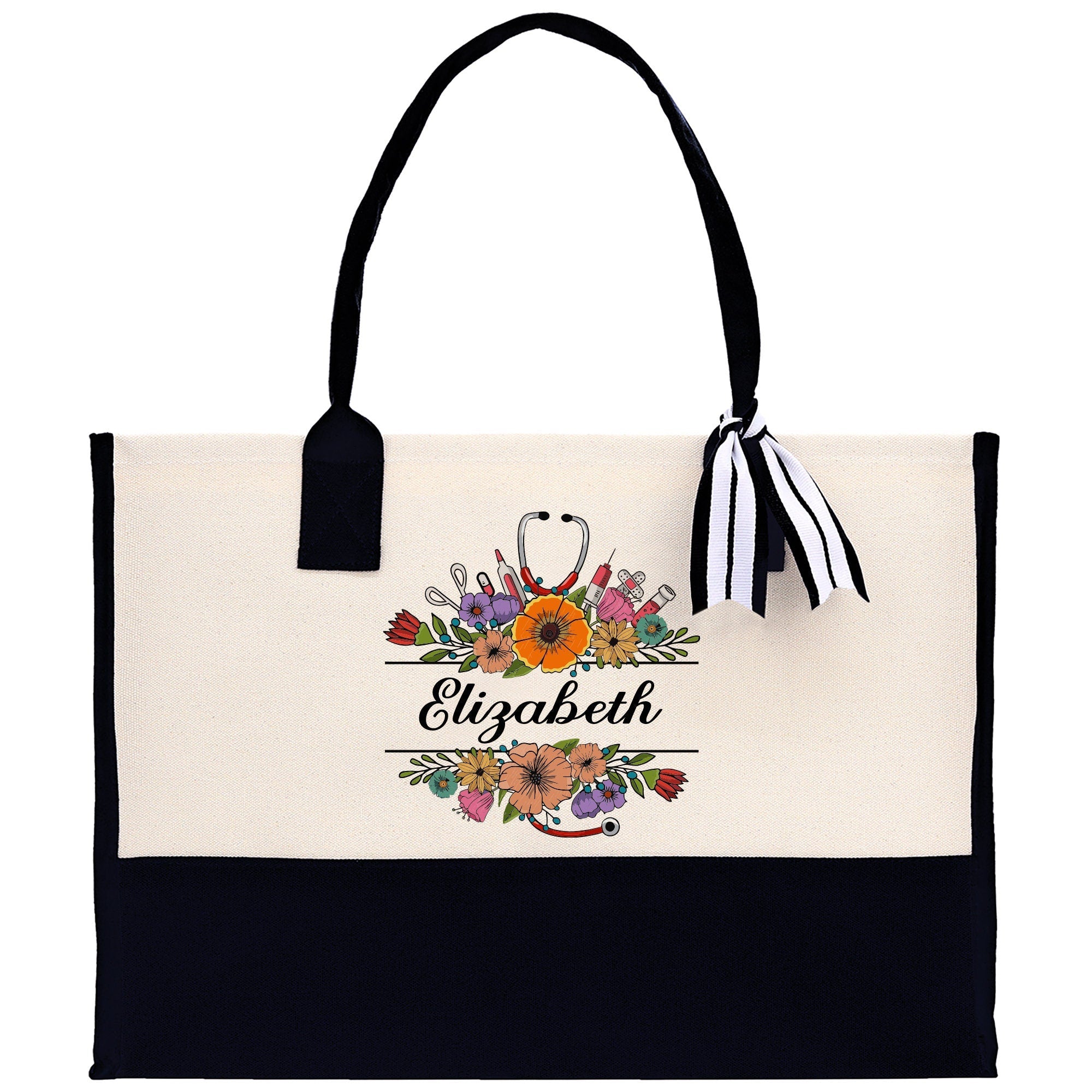 Floral Nurse Tote Custom Name Personalized Cotton Canvas Tote Bag Nurse Gift Future Nurse Gift Nursing Student Graduation Gift - Aaria Tees Aaria Tees