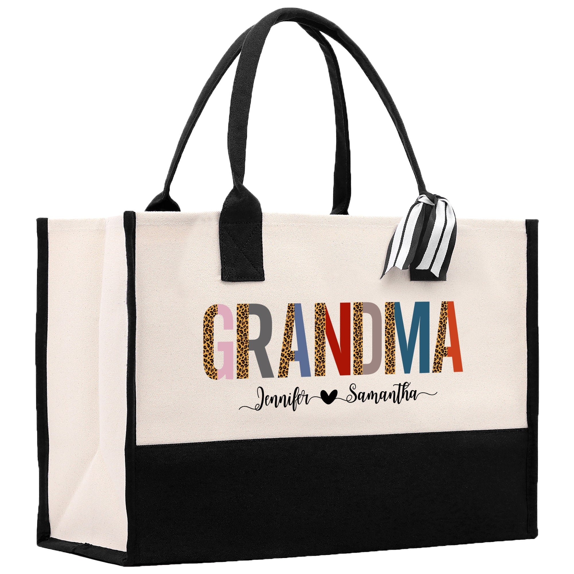 Leopard Colorful Grandma Custom Names Cotton Canvas Tote Bag Grandma Birthday Gift Set Frosted Can Glass with Bag Set From Grandkids Gift - Aaria Tees Aaria Tees