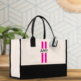Personalized Monogrammed Canvas Tote Bag Striped Initials Custom Name Beach Bag Bridal Party Gifts Bride Gift Holiday Gift Bag - Aaria Tees Aaria Tees