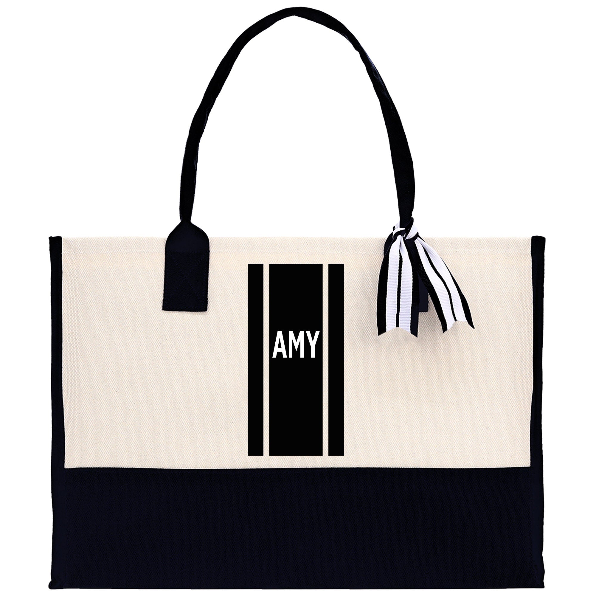 Personalized Monogrammed Canvas Tote Bag Striped Initials Custom Name Beach Bag Bridal Party Gifts Bride Gift Holiday Gift Bag - Aaria Tees Aaria Tees