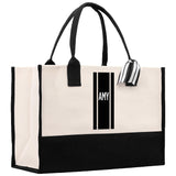 Personalized Monogrammed Canvas Tote Bag Striped Initials Custom Name Beach Bag Bridal Party Gifts Bride Gift Holiday Gift Bag - Aaria Tees Aaria Tees