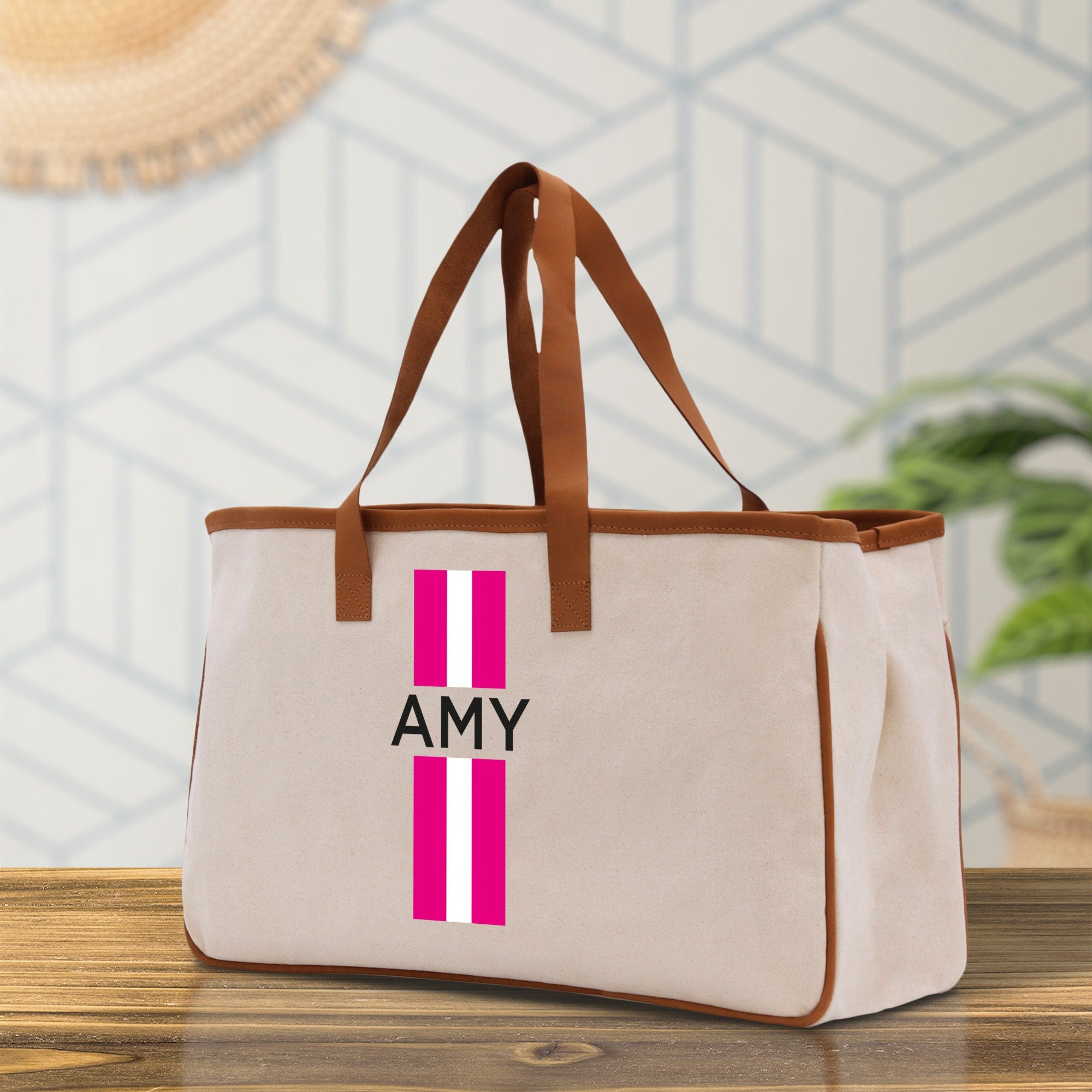 Personalized Monogrammed Canvas Tote Bag Striped Initials Custom Name Beach Bag Bridal Party Gifts Bride Gift Holiday Gift Bag - Aaria Tees Aaria Tees