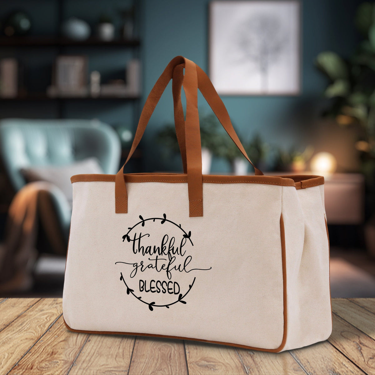 Thankful Grateful Blessed Cotton Canvas Tote Bag Thanksgiving Bag Autumn Fall Vibes Bag Motivational Bag Blessed Bag Fall Market Grocery Bag - Aaria Tees