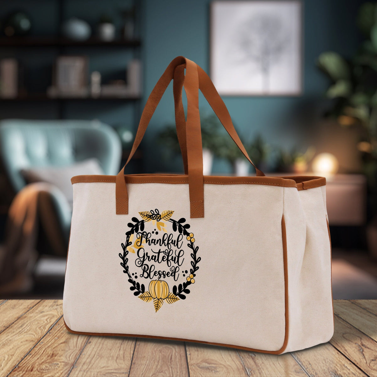 Thankful Grateful Blessed Cotton Canvas Tote Bag Thanksgiving Bag Autumn Fall Vibes Bag Motivational Bag Blessed Bag Fall Market Grocery Bag - Aaria Tees