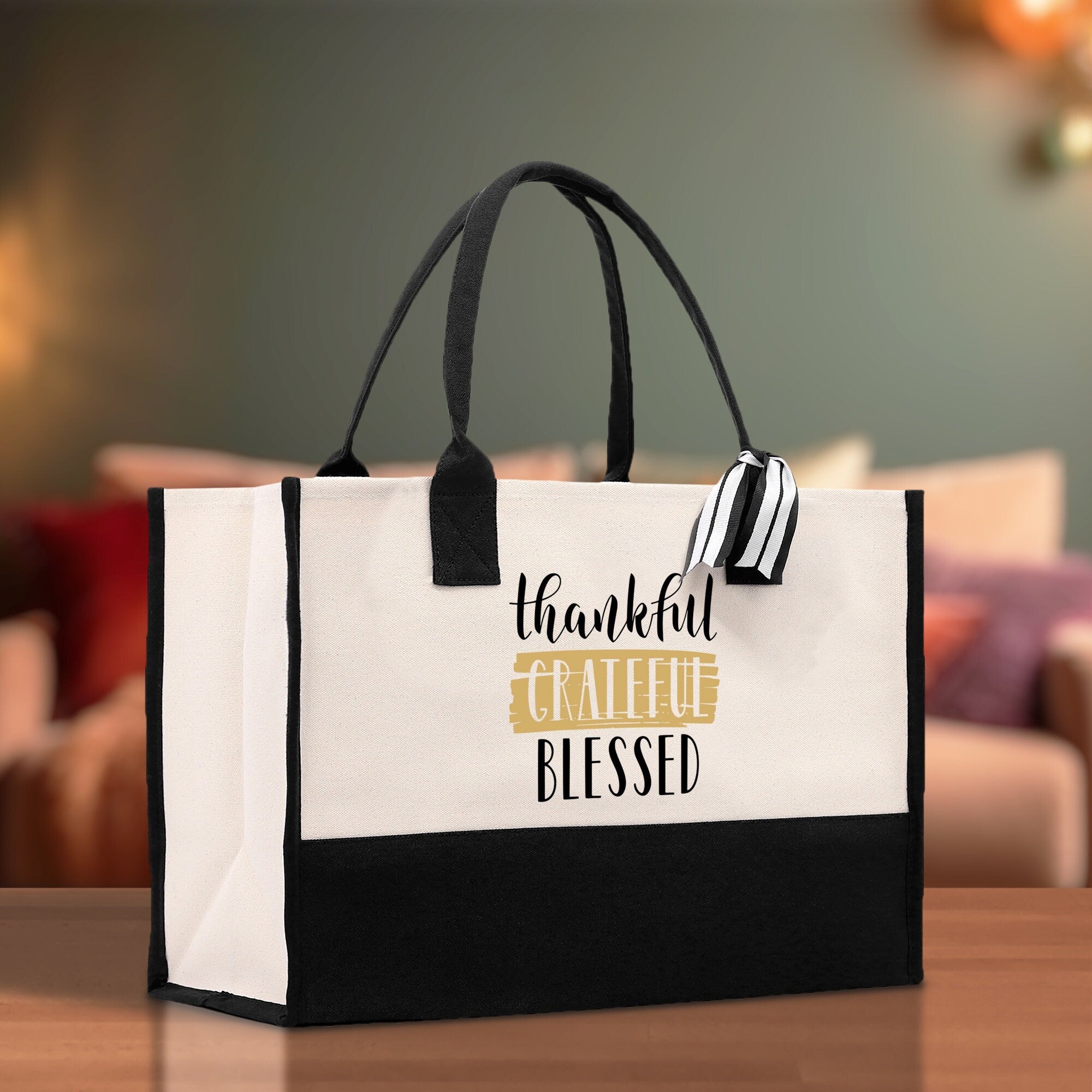 Thankful Grateful Blessed Cotton Canvas Tote Bag Thanksgiving Bag Autumn Fall Vibes Bag Motivational Bag Blessed Bag Fall Market Grocery Bag - Aaria Tees Aaria Tees