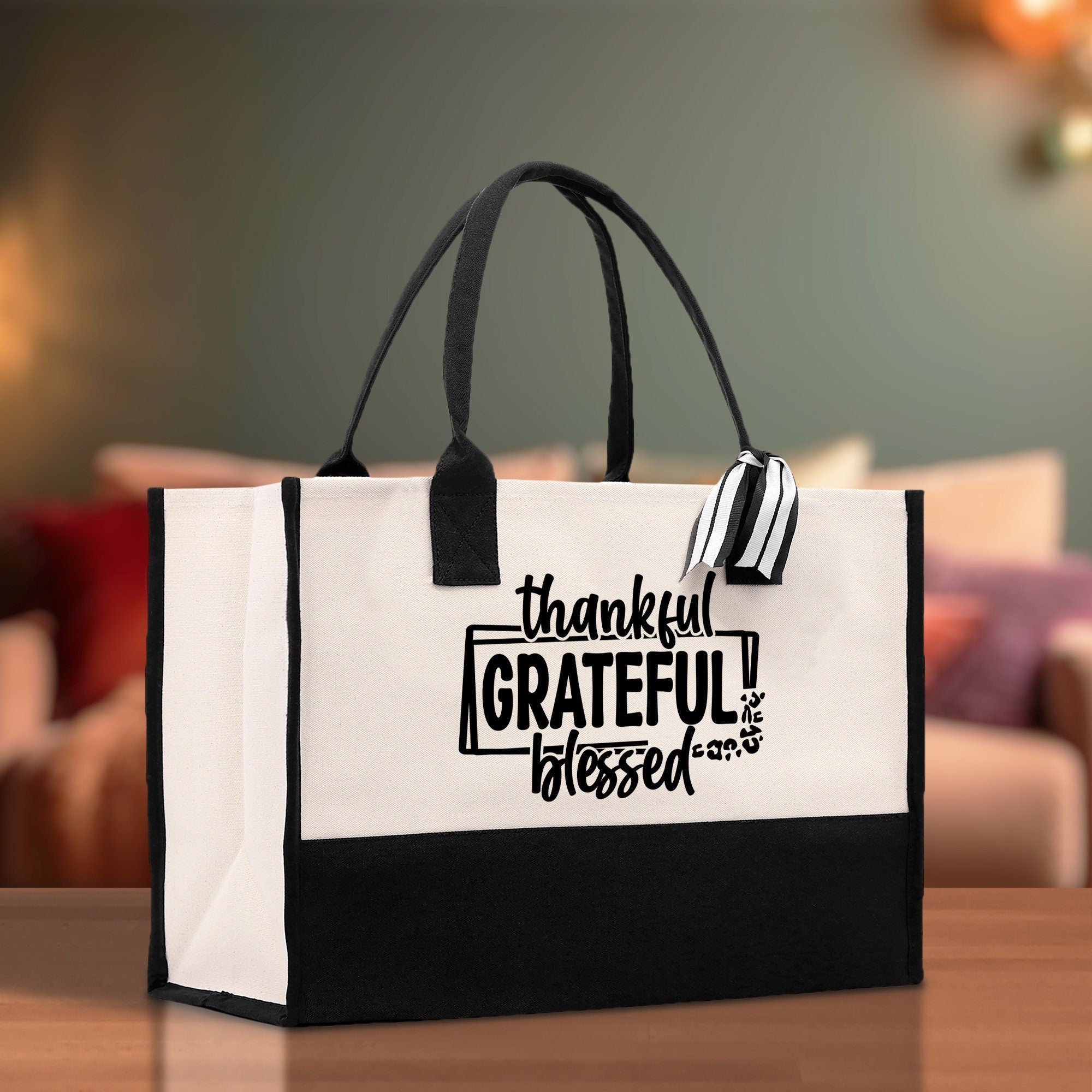 Thankful Grateful Blessed Cotton Canvas Tote Bag Thanksgiving Bag Autumn Fall Vibes Bag Motivational Bag Blessed Bag Fall Market Grocery Bag - Aaria Tees Aaria Tees