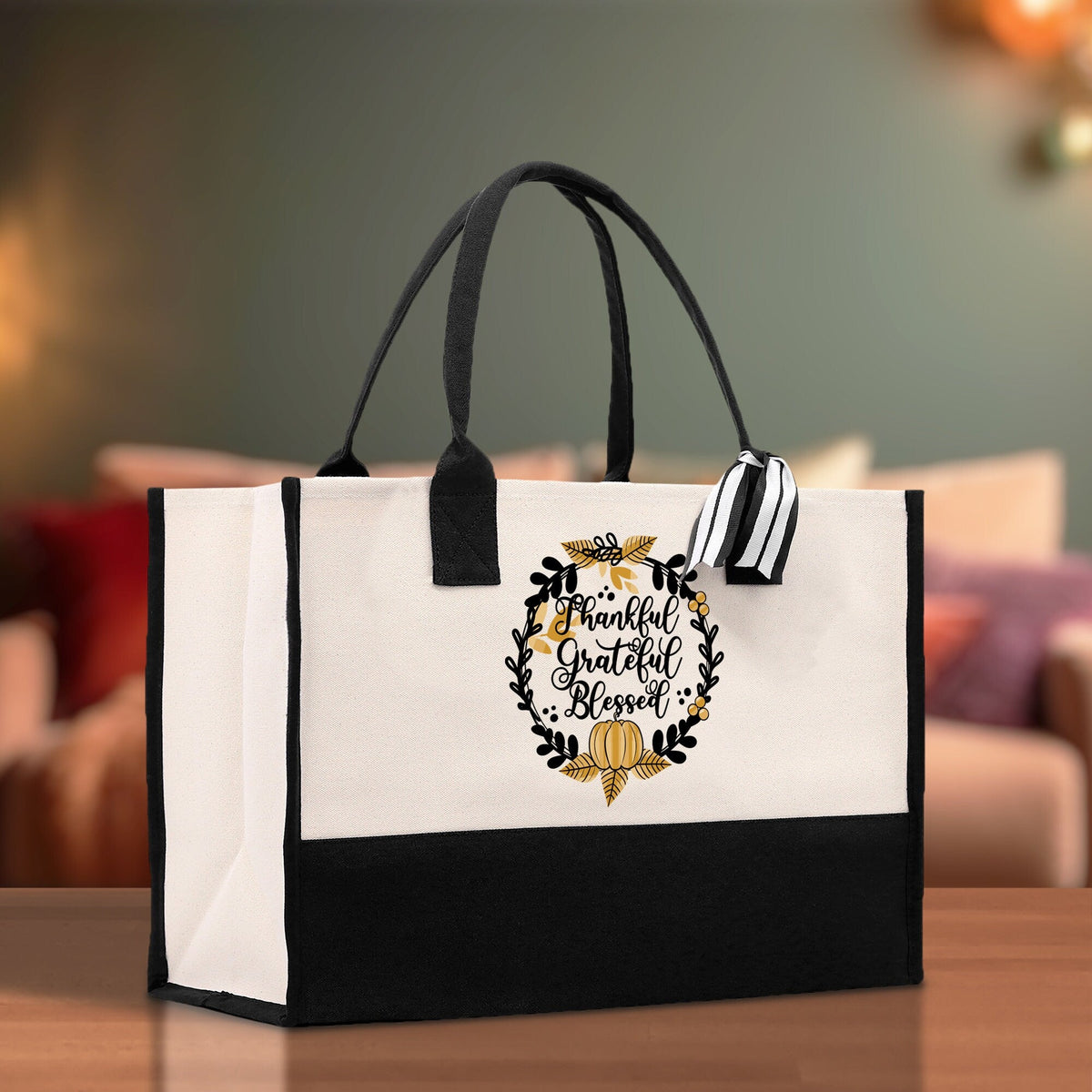 Thankful Grateful Blessed Cotton Canvas Tote Bag Thanksgiving Bag Autumn Fall Vibes Bag Motivational Bag Blessed Bag Fall Market Grocery Bag - Aaria Tees