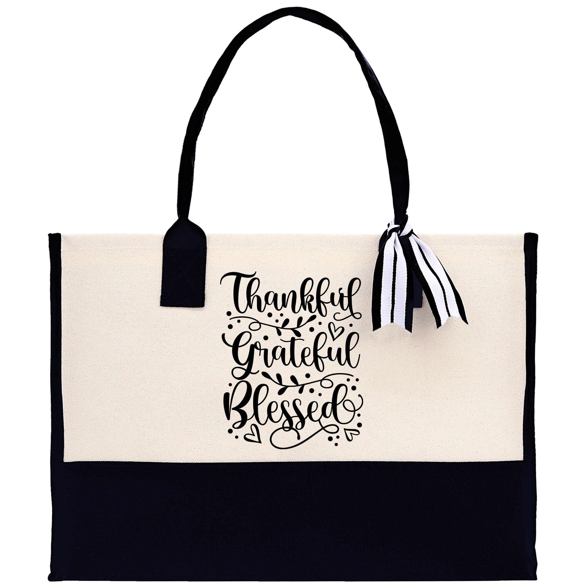Thankful Grateful Blessed Cotton Canvas Tote Bag Thanksgiving Bag Autumn Fall Vibes Bag Motivational Bag Blessed Bag Fall Market Grocery Bag - Aaria Tees Aaria Tees