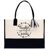 Thankful Grateful Blessed Cotton Canvas Tote Bag Thanksgiving Bag Autumn Fall Vibes Bag Motivational Bag Blessed Bag Fall Market Grocery Bag - Aaria Tees Aaria Tees