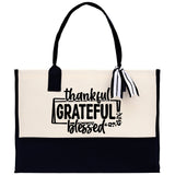 Thankful Grateful Blessed Cotton Canvas Tote Bag Thanksgiving Bag Autumn Fall Vibes Bag Motivational Bag Blessed Bag Fall Market Grocery Bag - Aaria Tees Aaria Tees