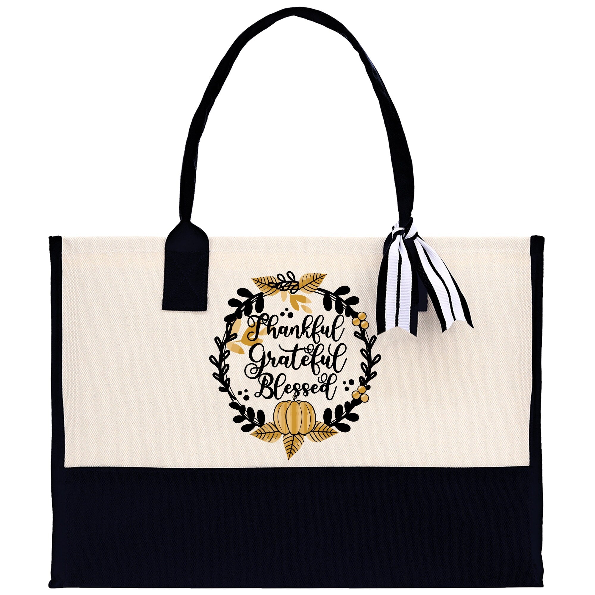 Thankful Grateful Blessed Cotton Canvas Tote Bag Thanksgiving Bag Autumn Fall Vibes Bag Motivational Bag Blessed Bag Fall Market Grocery Bag - Aaria Tees Aaria Tees