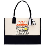 Thankful Grateful Blessed Cotton Canvas Tote Bag Thanksgiving Bag Autumn Fall Vibes Bag Motivational Bag Blessed Bag Fall Market Grocery Bag - Aaria Tees Aaria Tees