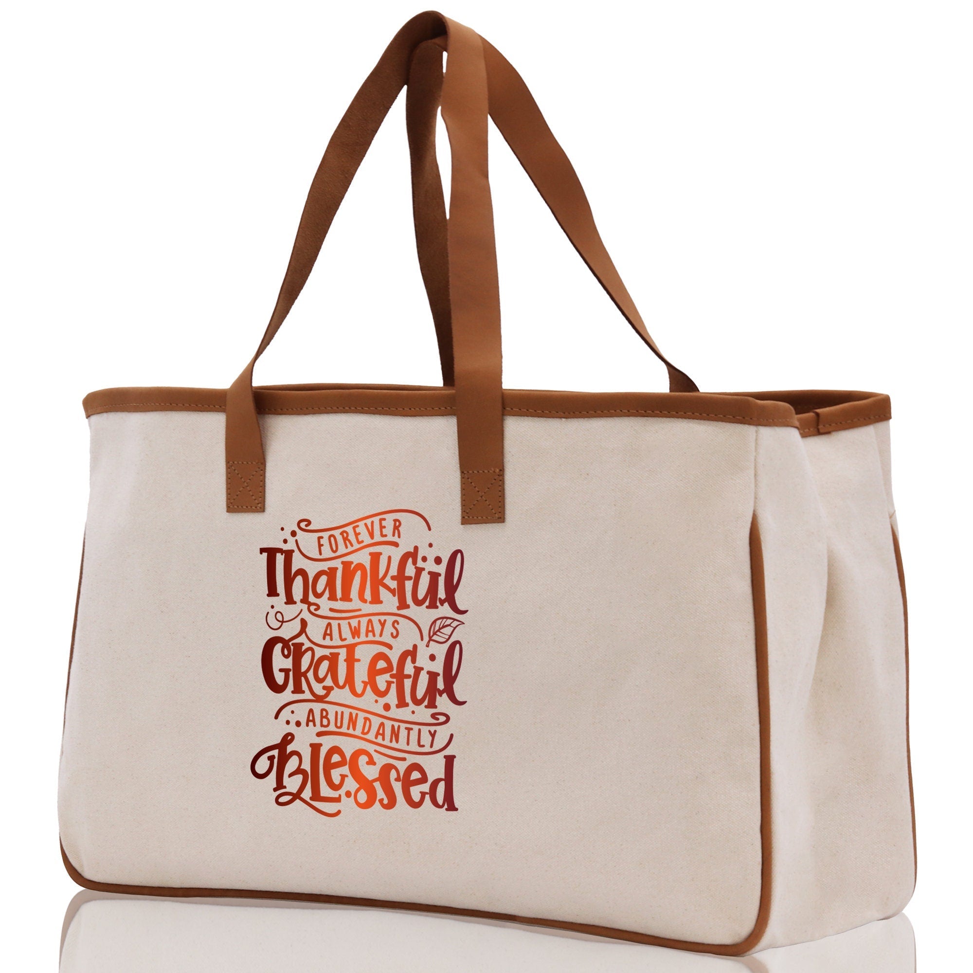 Thankful Grateful Blessed Cotton Canvas Tote Bag Thanksgiving Bag Autumn Fall Vibes Bag Motivational Bag Blessed Bag Fall Market Grocery Bag - Aaria Tees Aaria Tees