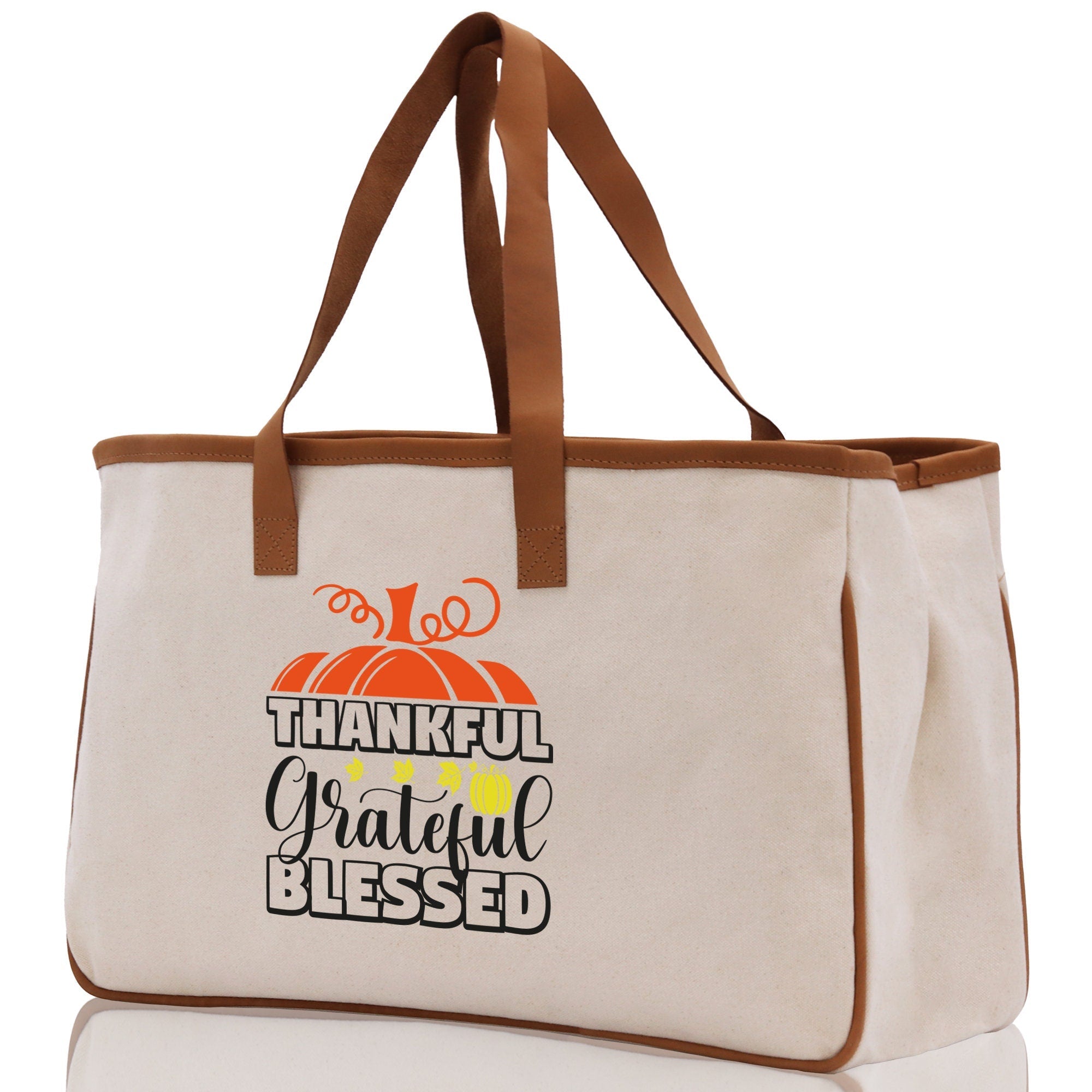 Thankful Grateful Blessed Cotton Canvas Tote Bag Thanksgiving Bag Autumn Fall Vibes Bag Motivational Bag Blessed Bag Fall Market Grocery Bag - Aaria Tees Aaria Tees