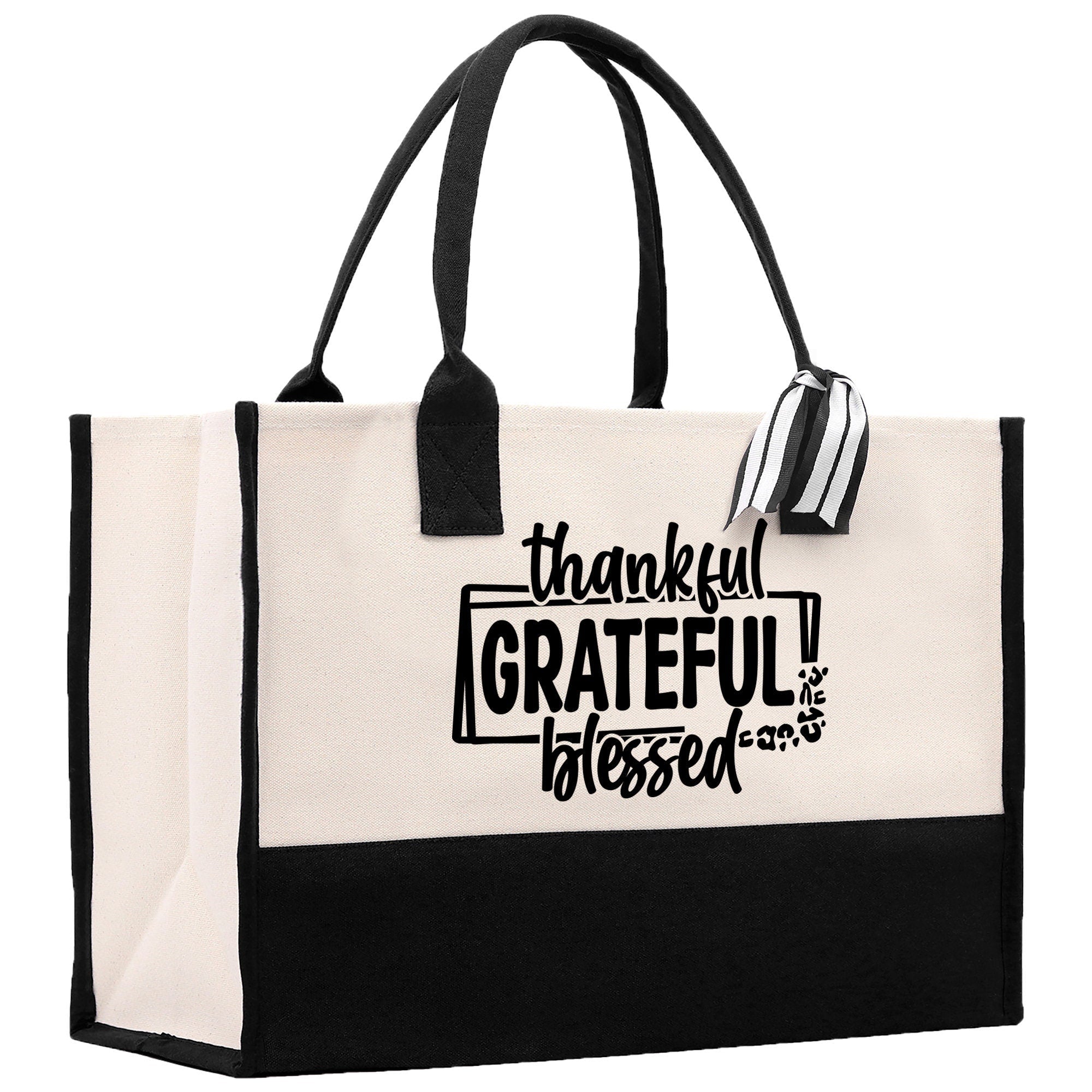 Thankful Grateful Blessed Cotton Canvas Tote Bag Thanksgiving Bag Autumn Fall Vibes Bag Motivational Bag Blessed Bag Fall Market Grocery Bag - Aaria Tees Aaria Tees