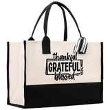 Thankful Grateful Blessed Cotton Canvas Tote Bag Thanksgiving Bag Autumn Fall Vibes Bag Motivational Bag Blessed Bag Fall Market Grocery Bag - Aaria Tees Aaria Tees