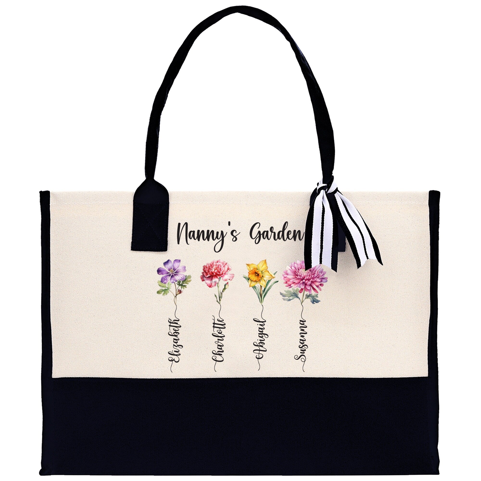 Personalized Kids and Grandkids Name Cotton Canvas Tote Bag Custom Flower Tote Bag Gift for Mom Gift for Grandma Birth Month Grandkids Name - Aaria Tees Aaria Tees