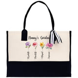 Personalized Kids and Grandkids Name Cotton Canvas Tote Bag Custom Flower Tote Bag Gift for Mom Gift for Grandma Birth Month Grandkids Name - Aaria Tees Aaria Tees
