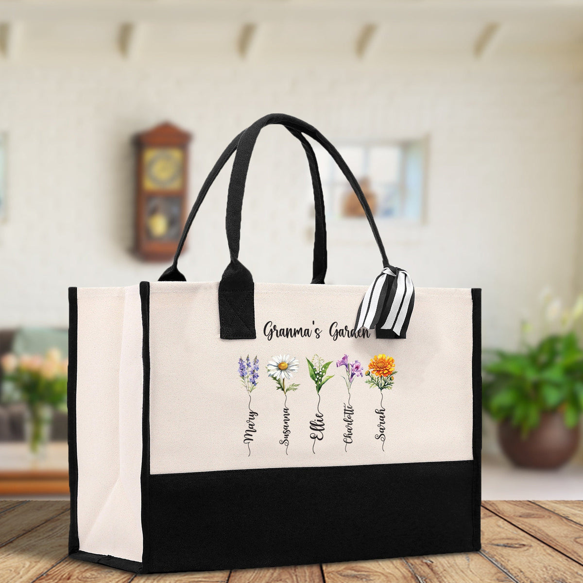 Personalized Kids and Grandkids Name Cotton Canvas Tote Bag Custom Flower Tote Bag Gift for Mom Gift for Grandma Birth Month Grandkids Name - Aaria Tees