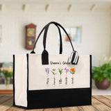 Personalized Kids and Grandkids Name Cotton Canvas Tote Bag Custom Flower Tote Bag Gift for Mom Gift for Grandma Birth Month Grandkids Name - Aaria Tees Aaria Tees