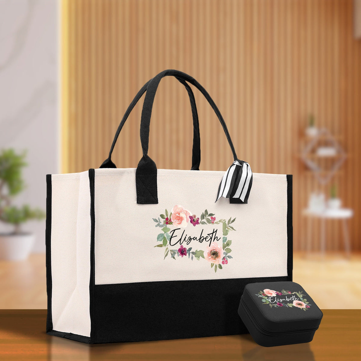 Floral Frame Custom Name Cotton Canvas Tote Bag Personalized Bridesmaid Gift Bag Wedding Birthday Gift Custom Name Tote Maid of Honor Gift - Aaria Tees