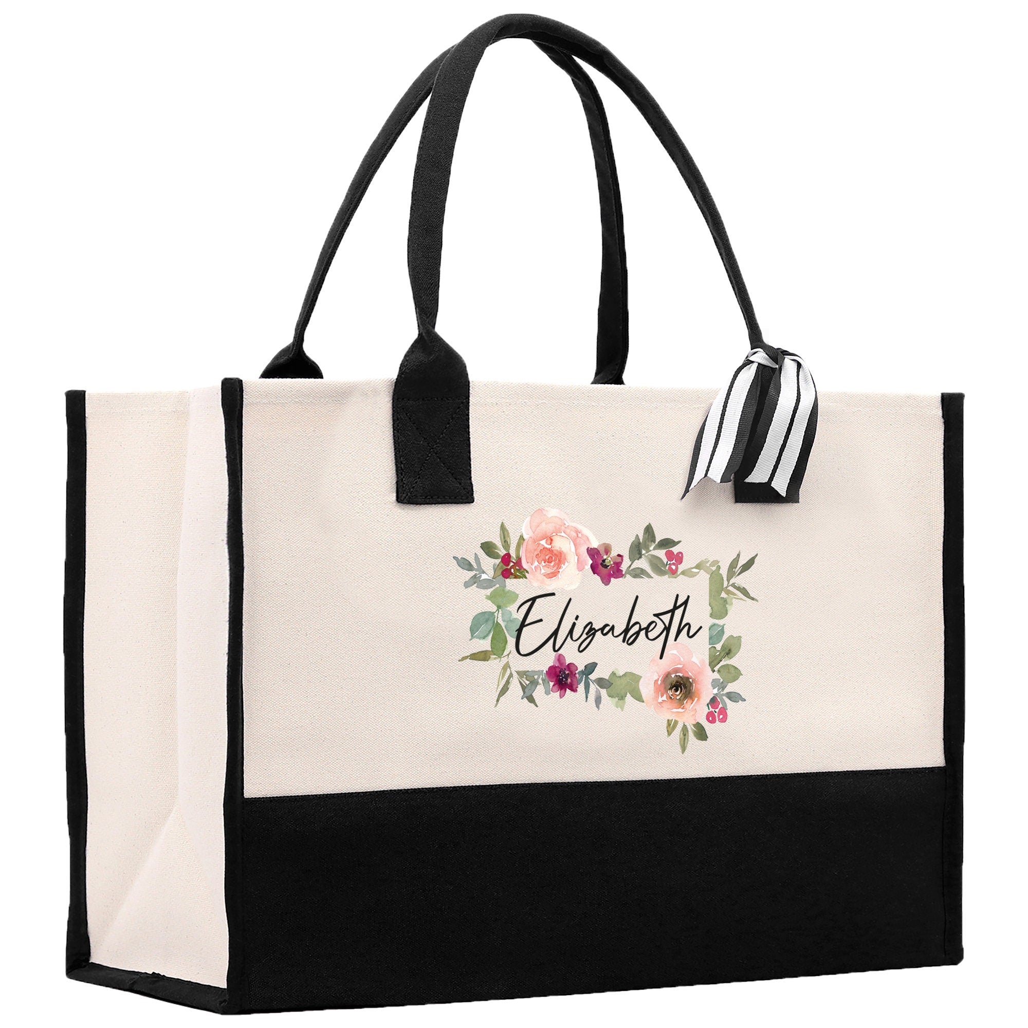 Floral Frame Custom Name Cotton Canvas Tote Bag Personalized Bridesmaid Gift Bag Wedding Birthday Gift Custom Name Tote Maid of Honor Gift - Aaria Tees Aaria Tees
