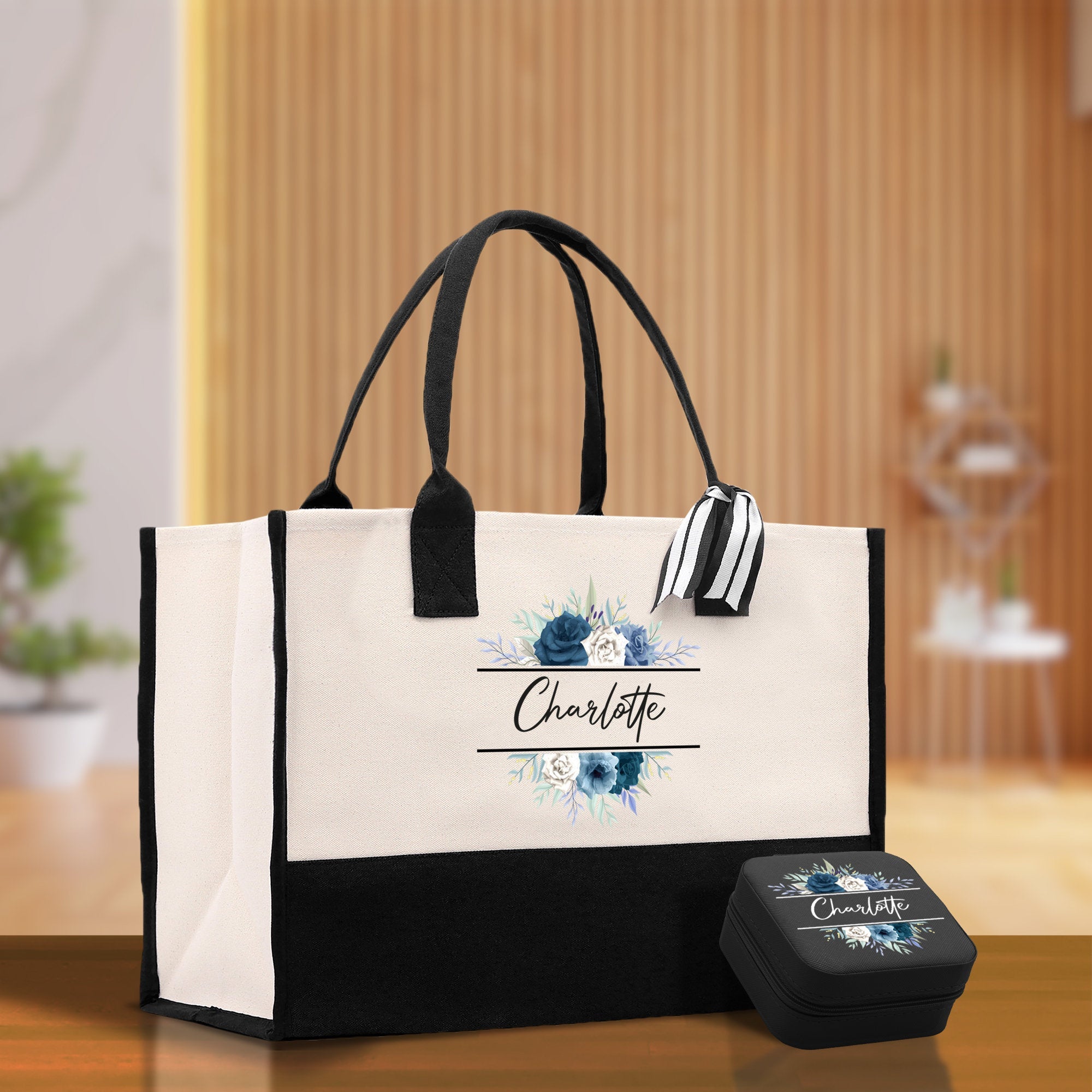 Floral Frame Custom Name Cotton Canvas Tote Bag Personalized Bridesmaid Gift Bag Wedding Birthday Gift Custom Name Tote Maid of Honor Gift - Aaria Tees Aaria Tees