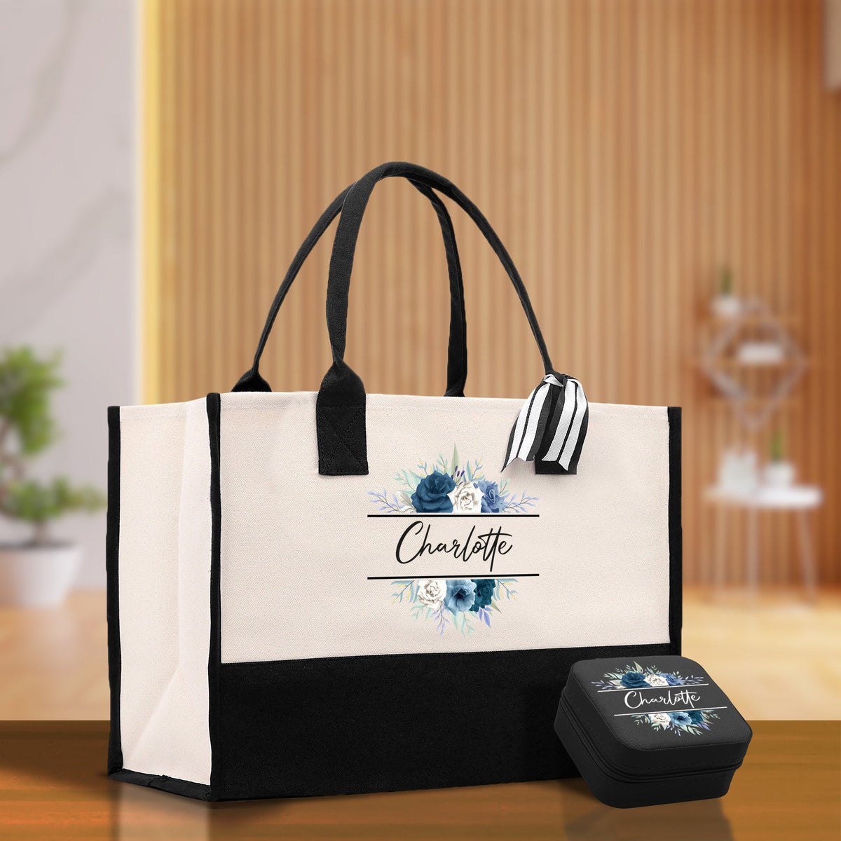 Floral Frame Custom Name Cotton Canvas Tote Bag Personalized Bridesmaid Gift Bag Wedding Birthday Gift Custom Name Tote Maid of Honor Gift - Aaria Tees