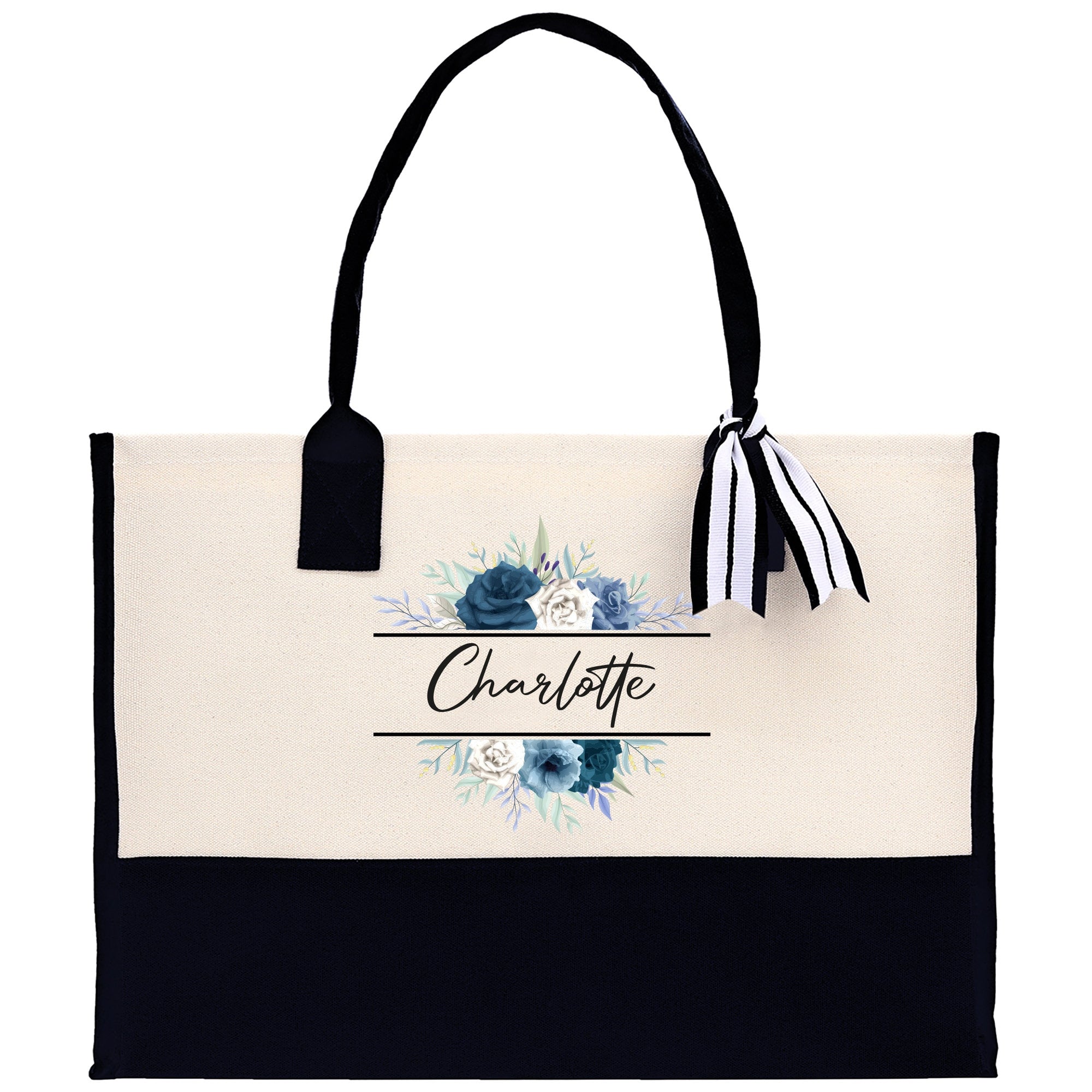 Floral Frame Custom Name Cotton Canvas Tote Bag Personalized Bridesmaid Gift Bag Wedding Birthday Gift Custom Name Tote Maid of Honor Gift - Aaria Tees Aaria Tees