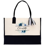 Floral Frame Custom Name Cotton Canvas Tote Bag Personalized Bridesmaid Gift Bag Wedding Birthday Gift Custom Name Tote Maid of Honor Gift - Aaria Tees Aaria Tees