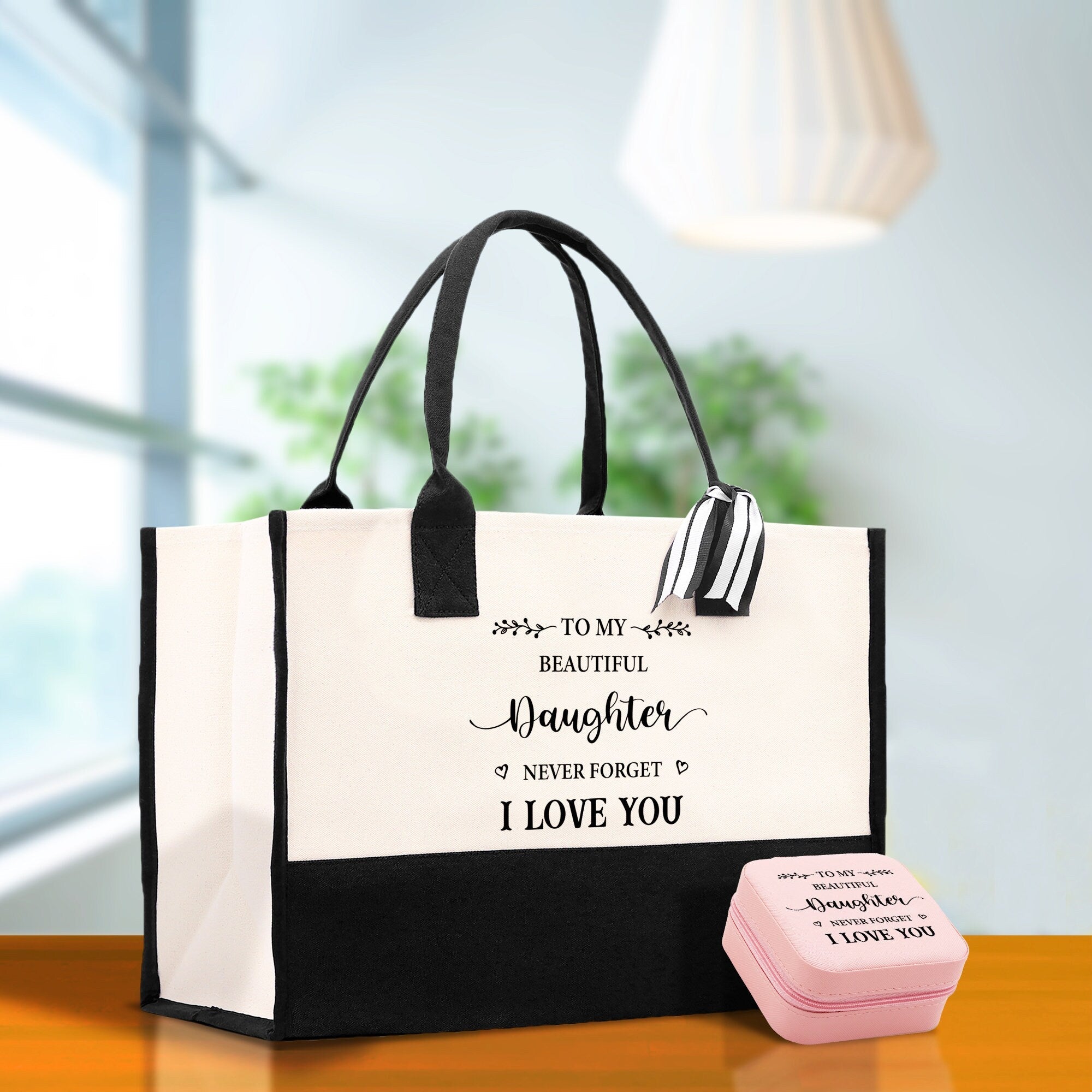 To My Beautiful Daughter Never Forget I Love Cotton Canvas Tote Bag Daughter Birthday Gift From Mother to Daughter Jewelry Box Gift - Aaria Tees Aaria Tees