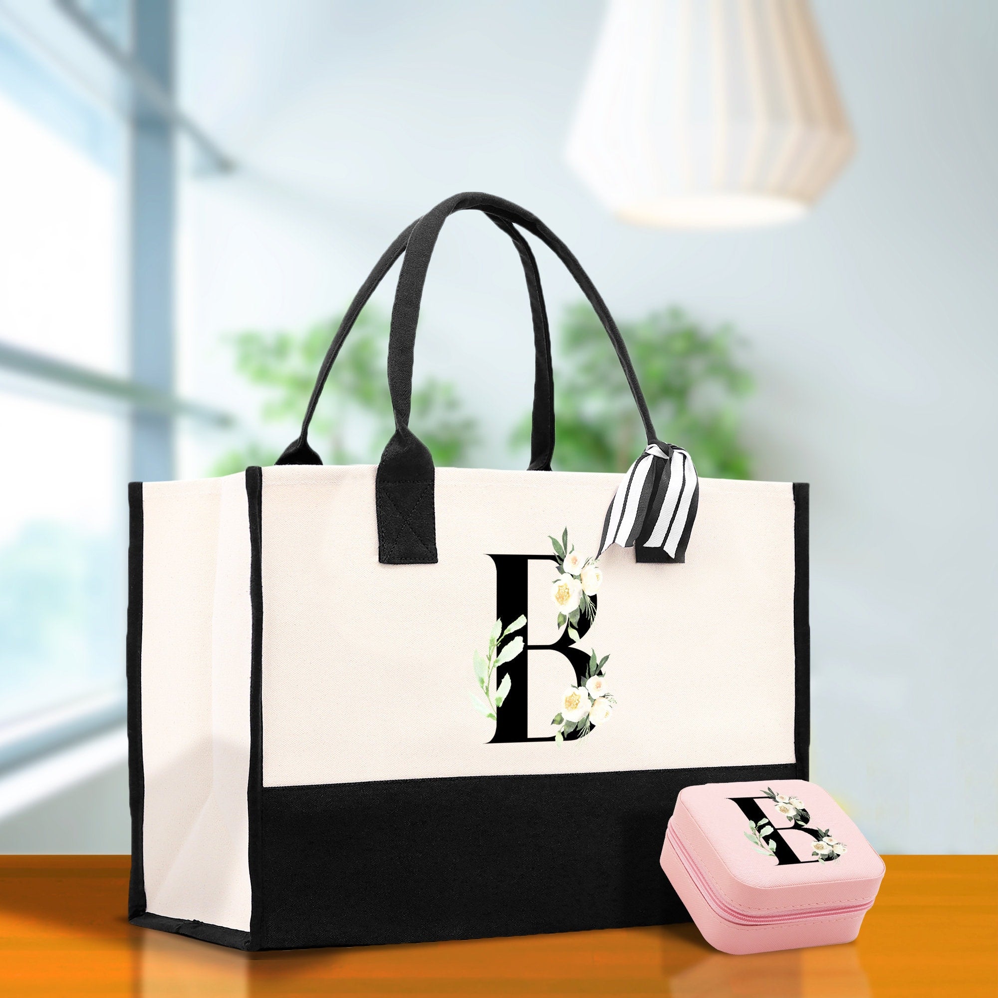 Floral Monogram Cotton Canvas Tote Bag Personalized Bridesmaid Gift Bag Wedding Birthday Gift Custom Name Tote Maid of Honor Wedding Gift - Aaria Tees Aaria Tees