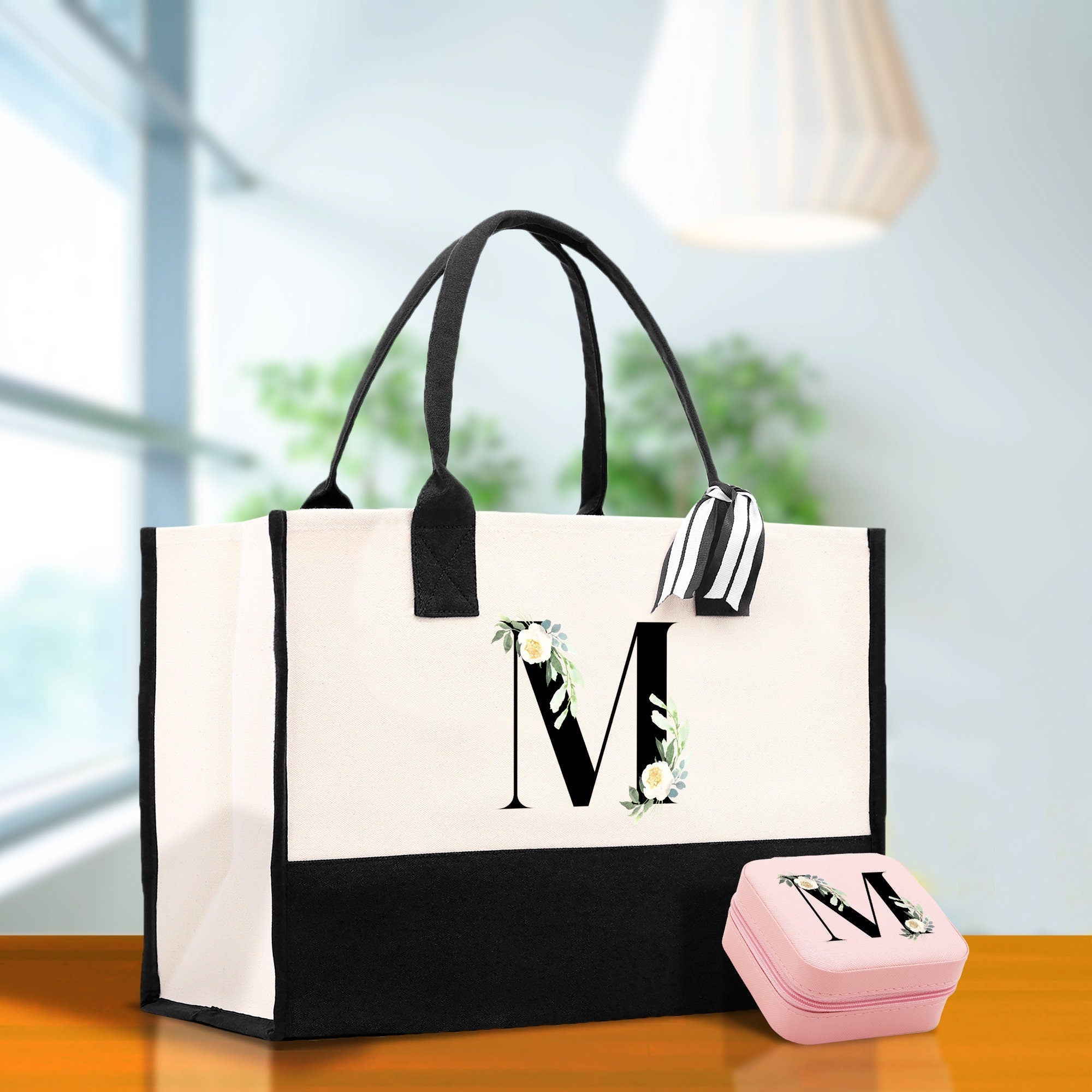 Floral Monogram Cotton Canvas Tote Bag Personalized Bridesmaid Gift Bag Wedding Birthday Gift Custom Name Tote Maid of Honor Wedding Gift - Aaria Tees Aaria Tees