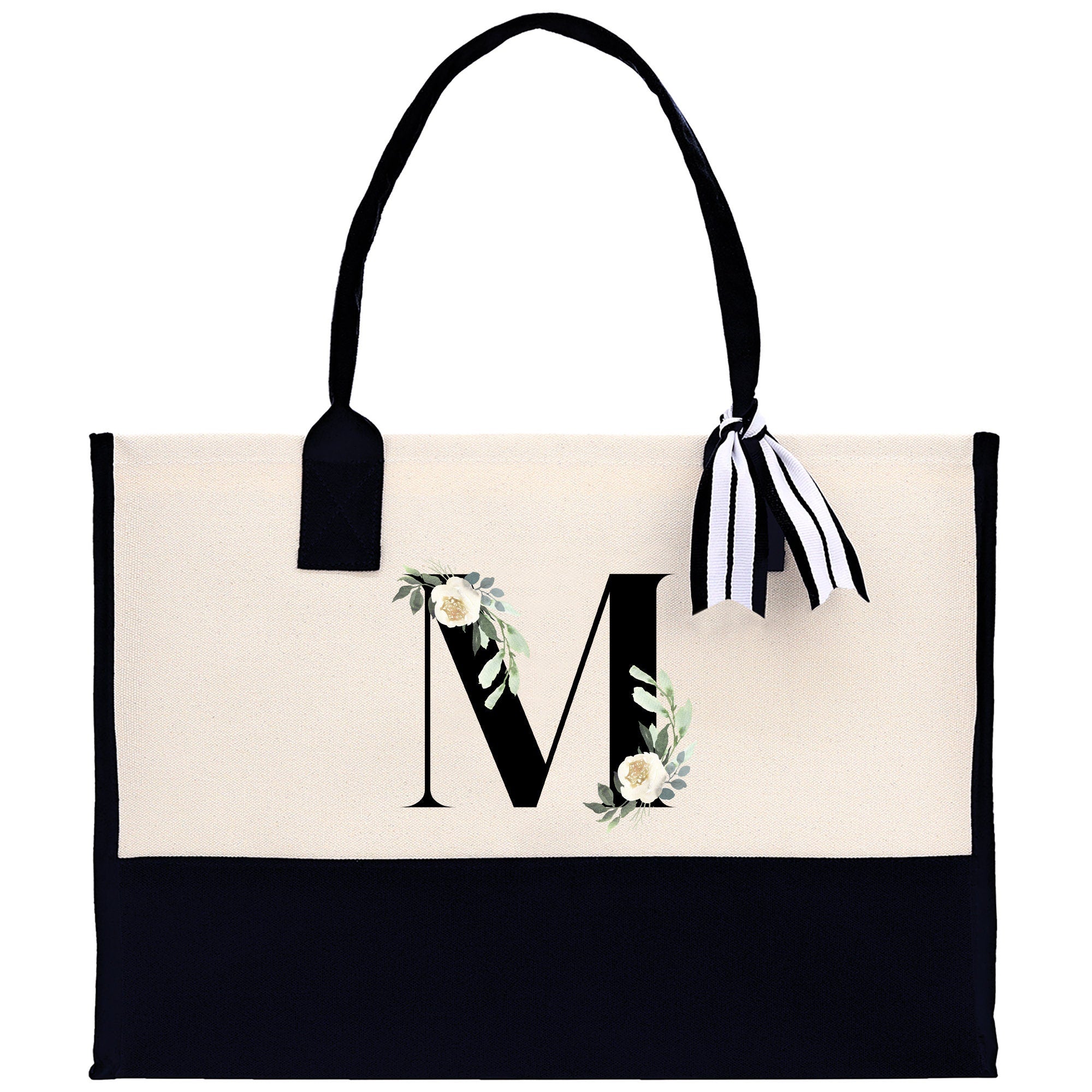 Floral Monogram Cotton Canvas Tote Bag Personalized Bridesmaid Gift Bag Wedding Birthday Gift Custom Name Tote Maid of Honor Wedding Gift - Aaria Tees Aaria Tees