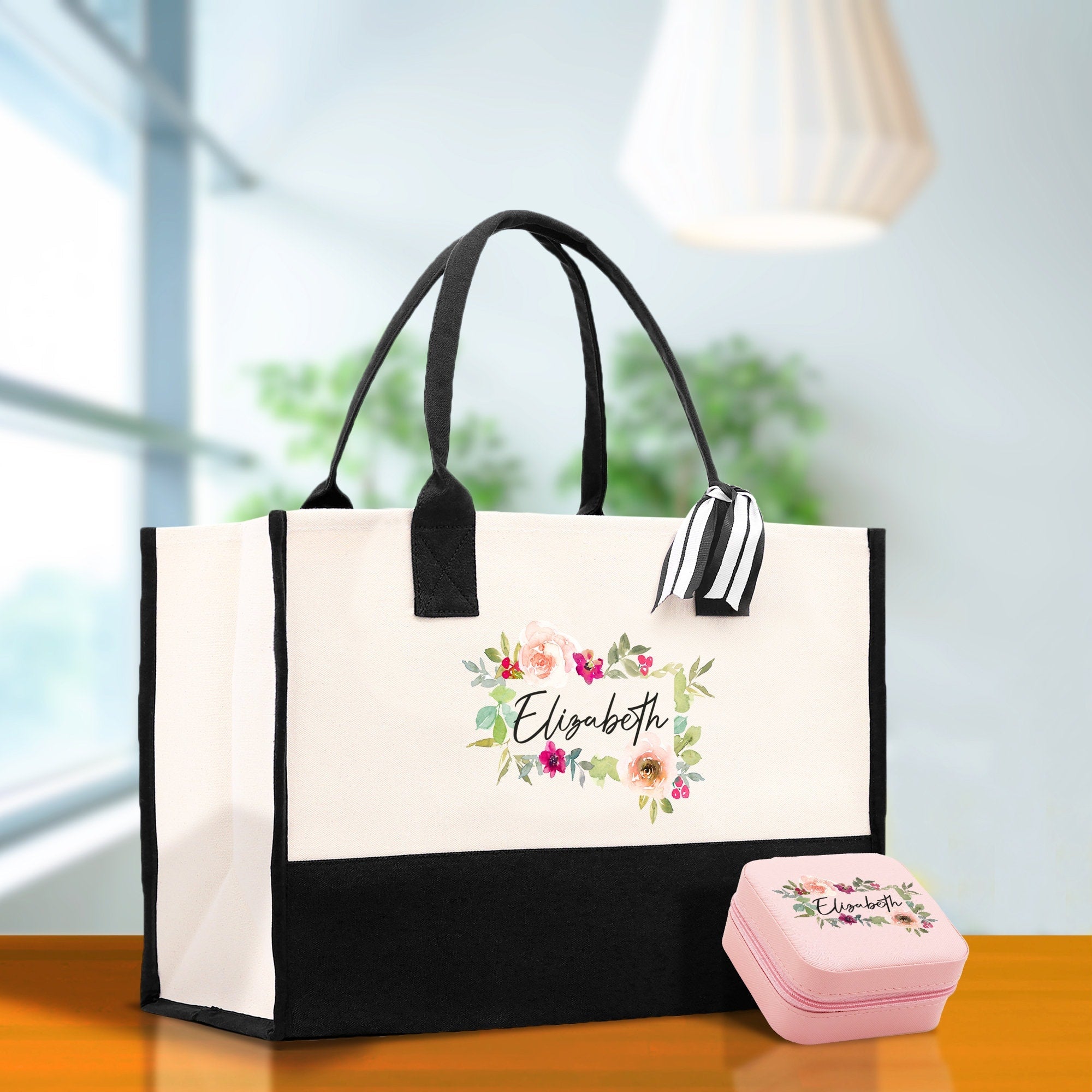 Floral Frame Custom Name Cotton Canvas Tote Bag Personalized Bridesmaid Gift Bag Wedding Birthday Gift Custom Name Tote Maid of Honor Gift - Aaria Tees Aaria Tees